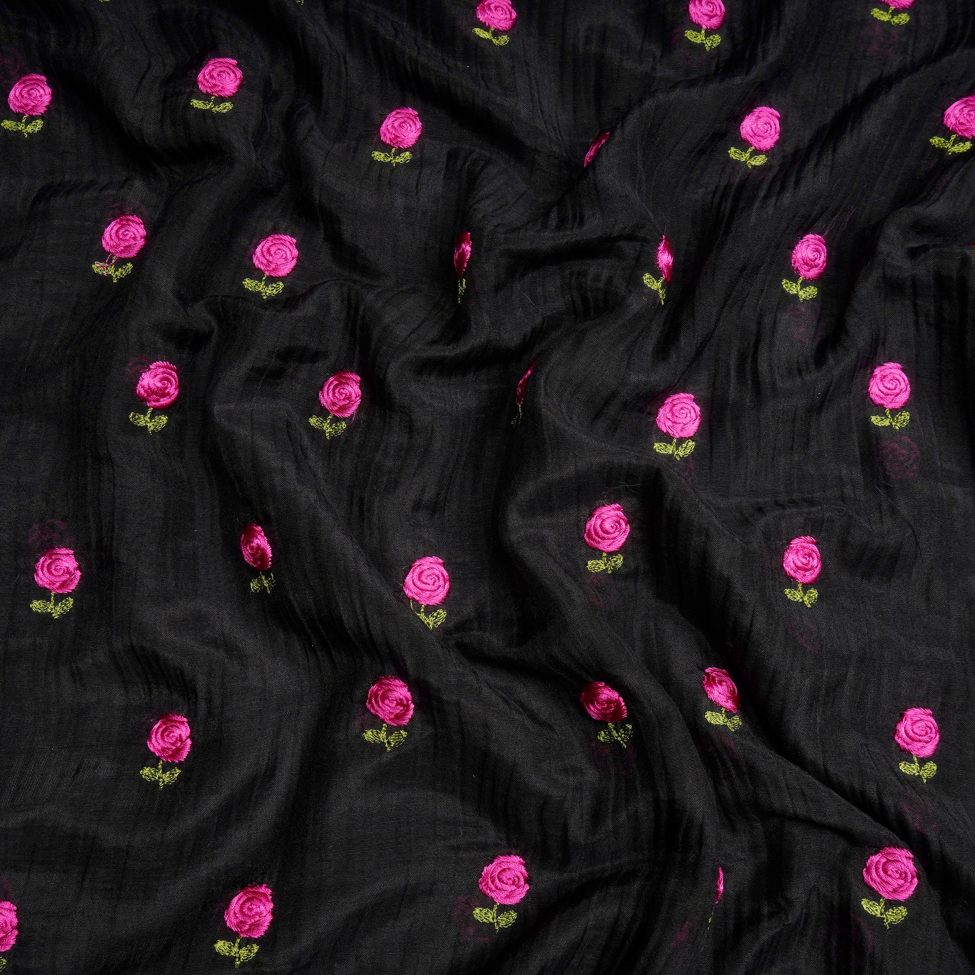 (Pre-Cut 1.50 Mtr)Black Dyed Motif Pattern Thraed Embroidered Chanderi Fabric