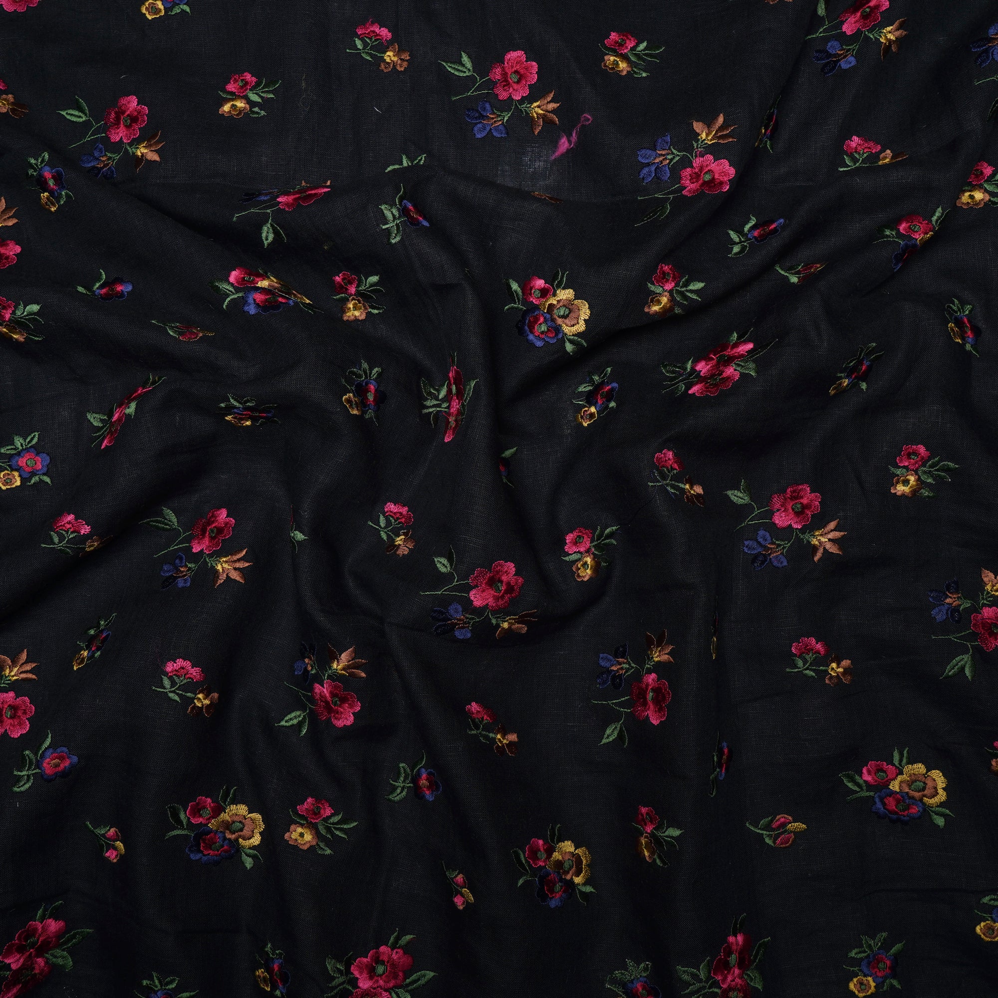 (Pre-Cut 2.50 Mtr)Black Booti Pattern Thread Embroidered Linen Fabric