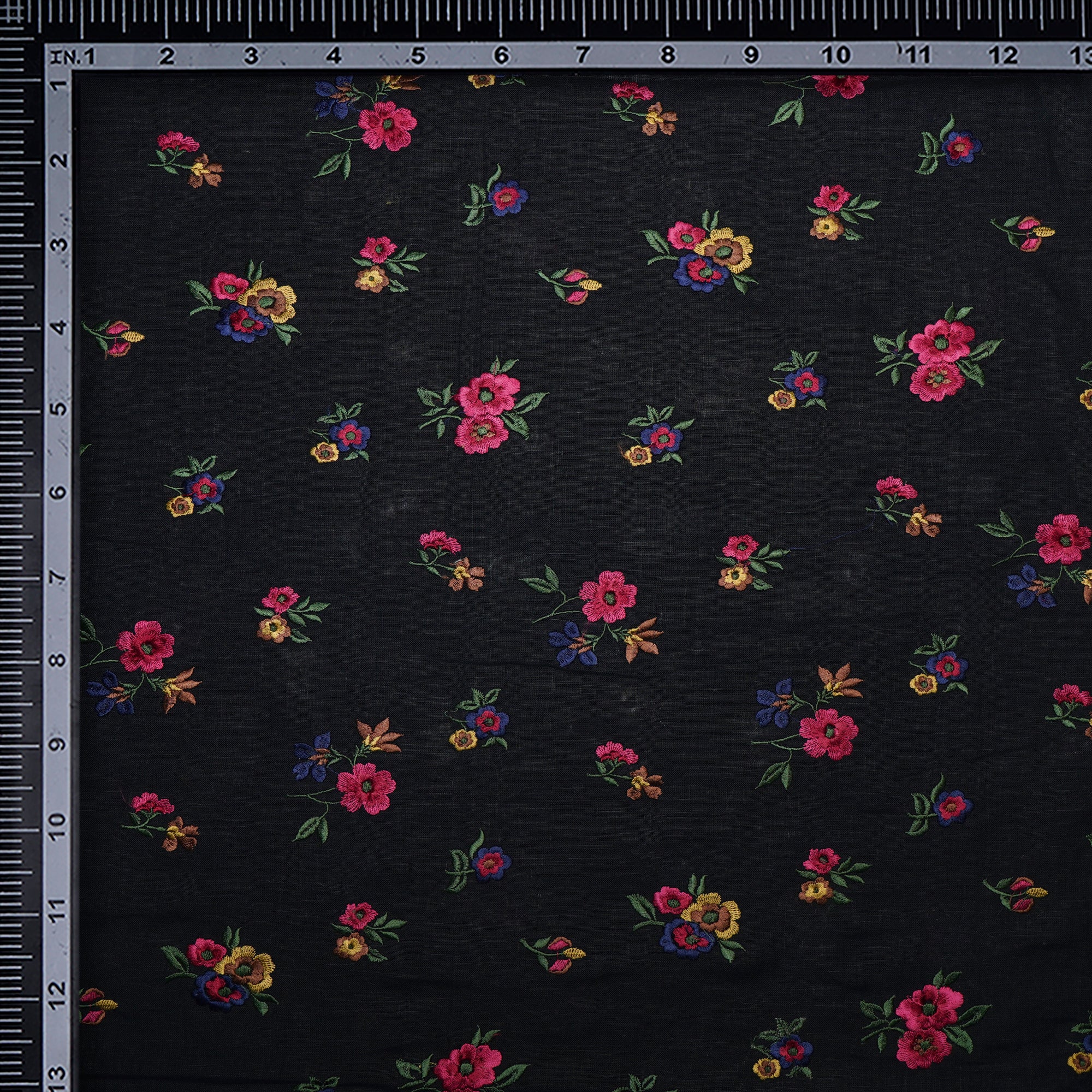 (Pre-Cut 2.50 Mtr)Black Booti Pattern Thread Embroidered Linen Fabric