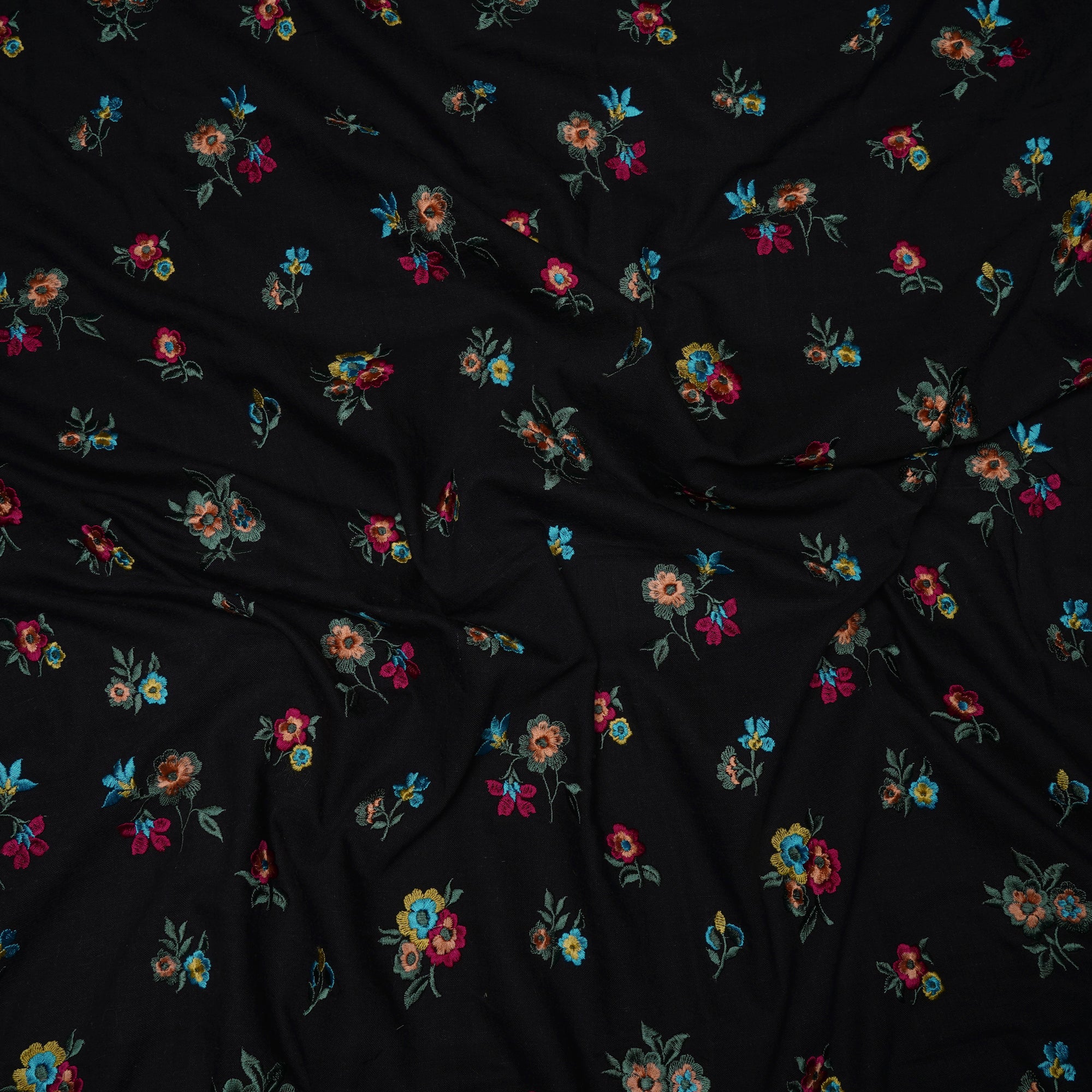 (Pre-Cut 1.00 Mtr)Black Color Embroidered Muslin Cotton Fabric