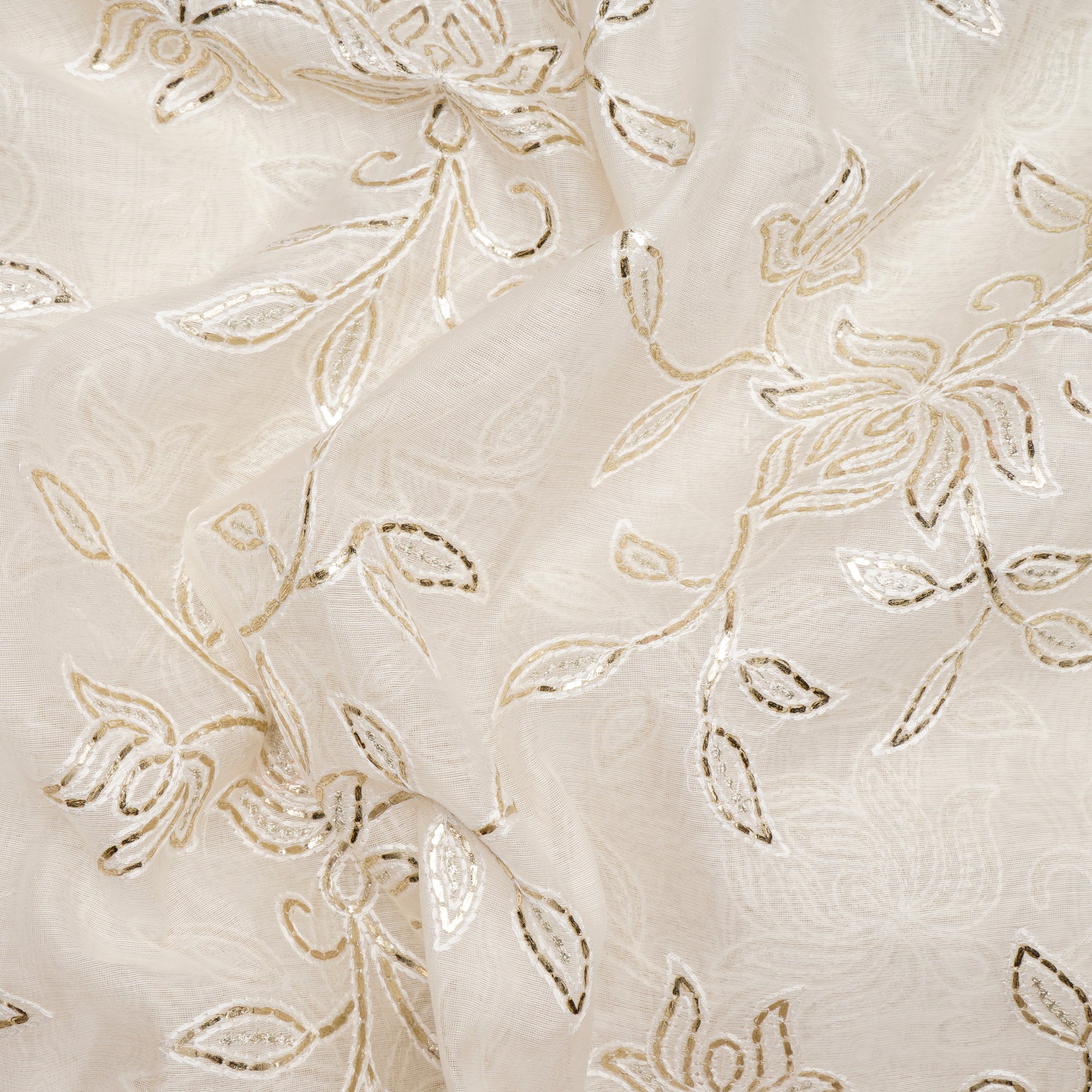 (Pre-Cut 0.80 Mtr)Off White Dyeable All Over Pattern Gota Patti Work Embroidered ChanderiFabric