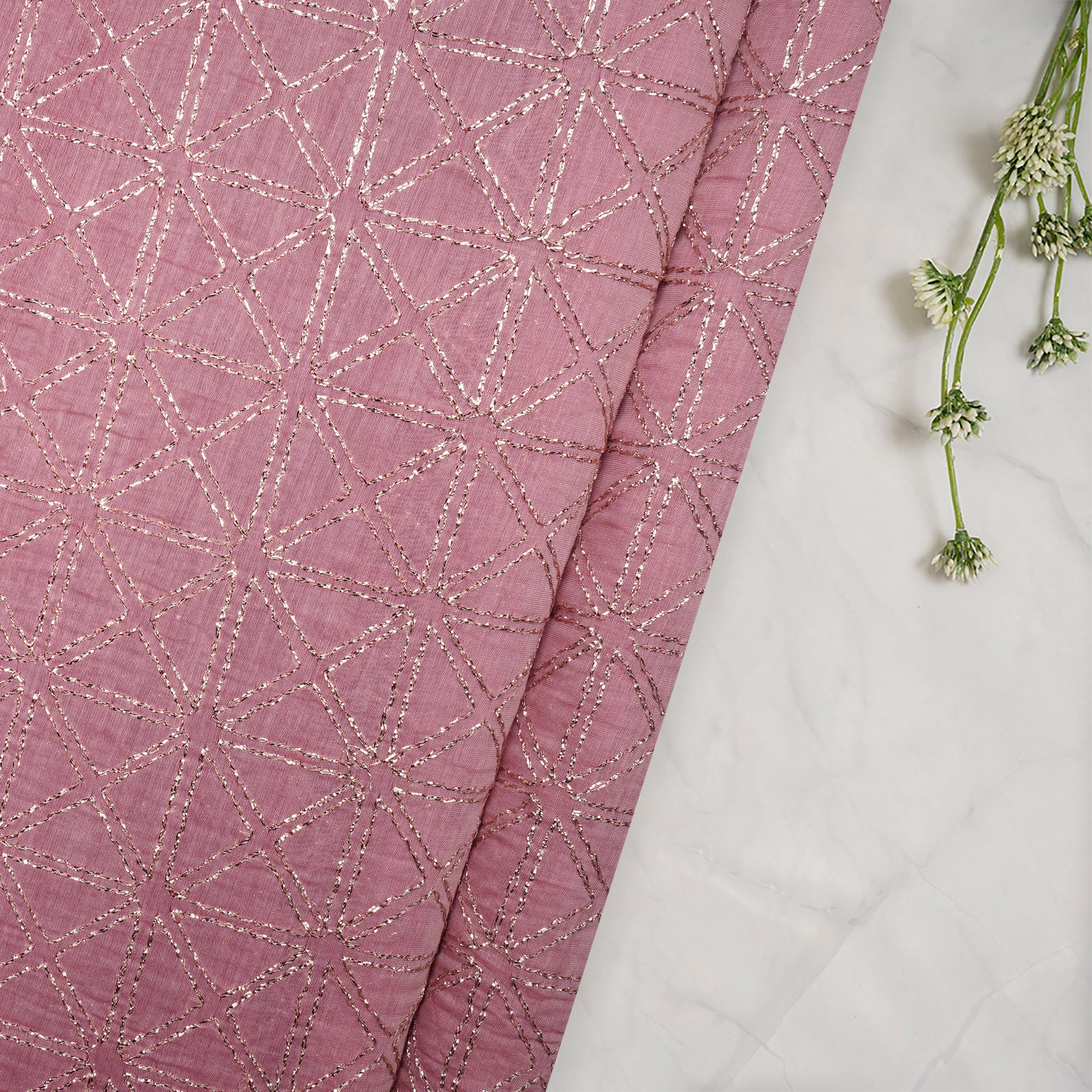 (Pre-Cut 0.70 Mtr)Blush Pink Geometric Pattern Embroidered Chanderi Fabric