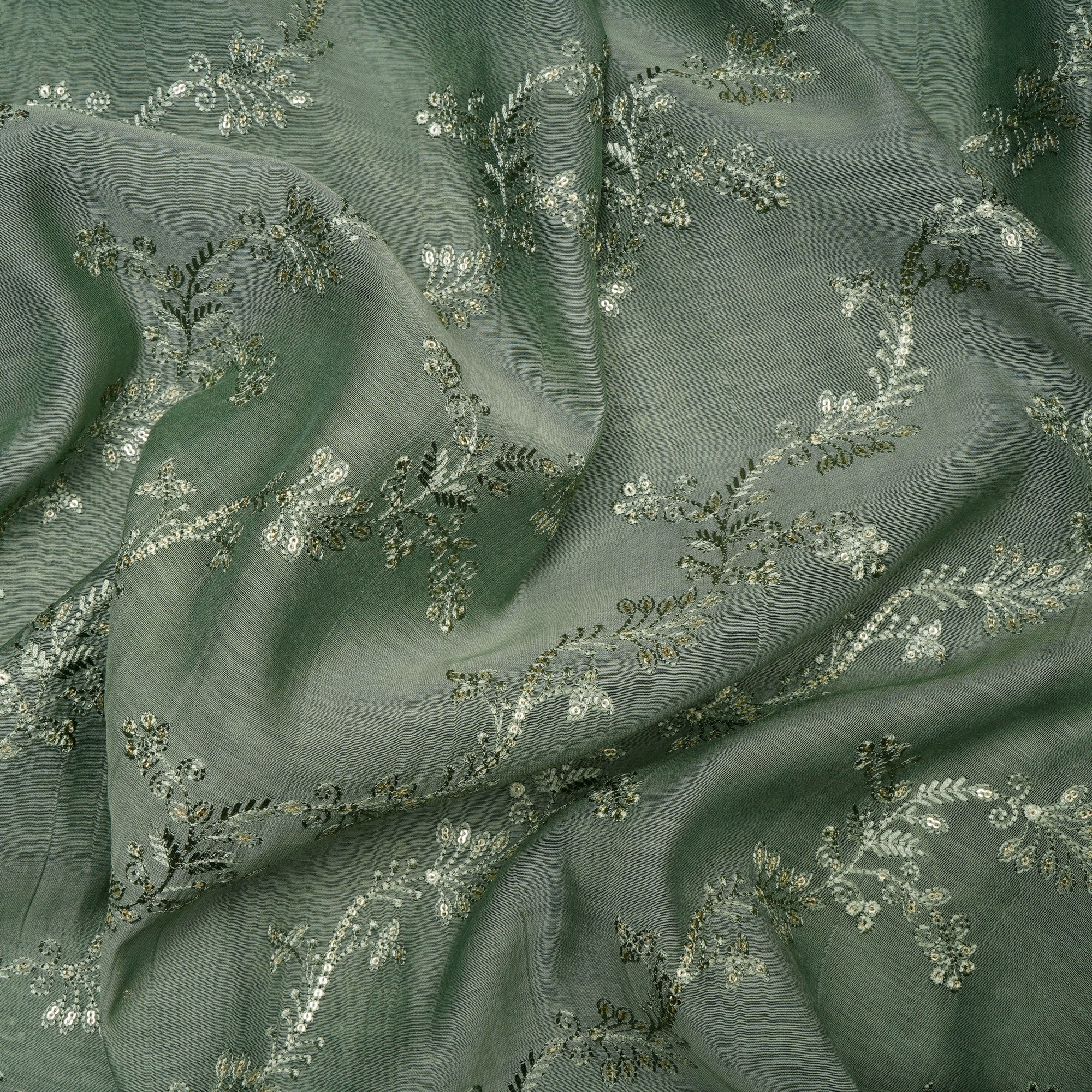 (Pre-Cut 2.00 Mtr)Oil Green Flower Patteen Thread Sequin Embroidered Chanderi Fabric