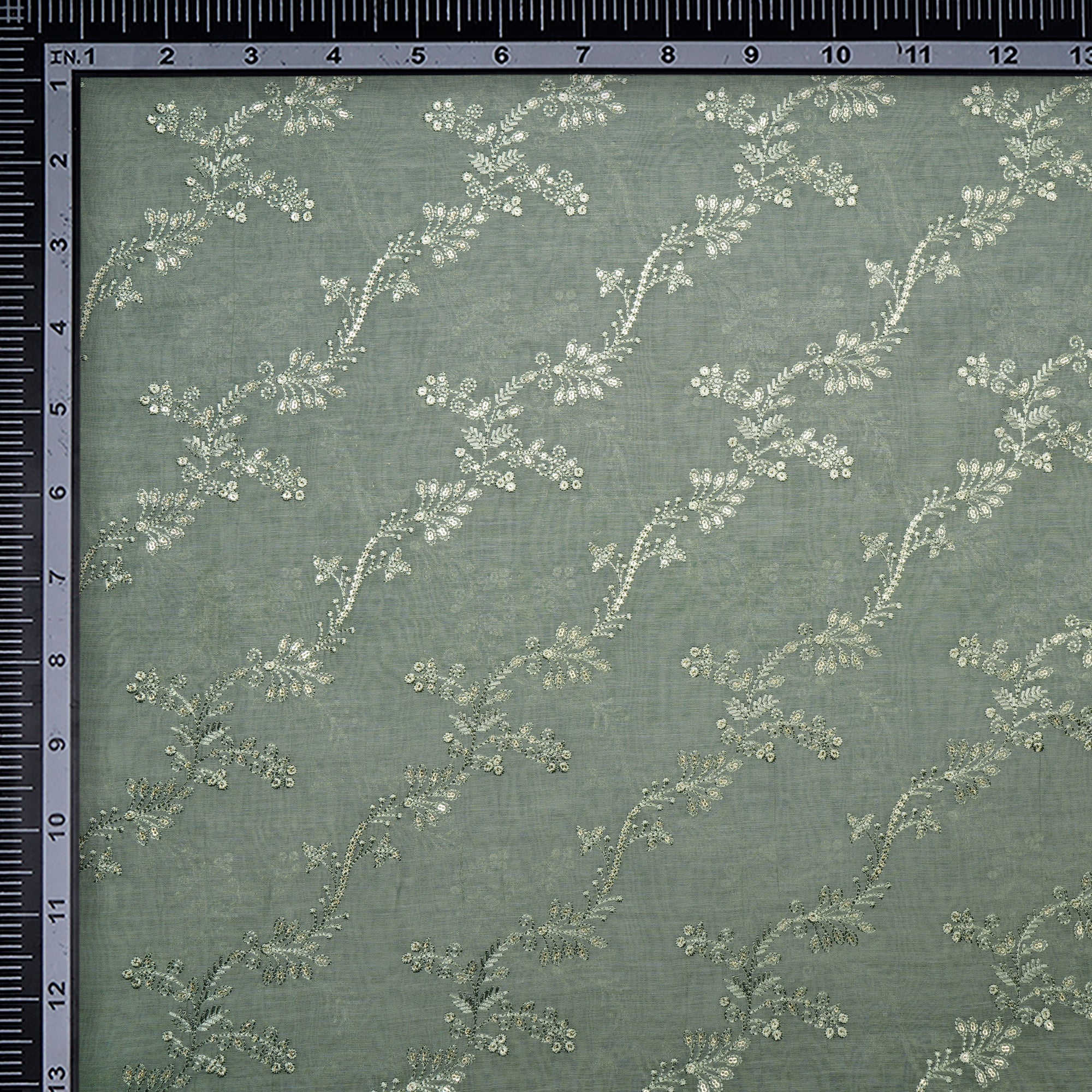 (Pre-Cut 2.00 Mtr)Oil Green Flower Patteen Thread Sequin Embroidered Chanderi Fabric