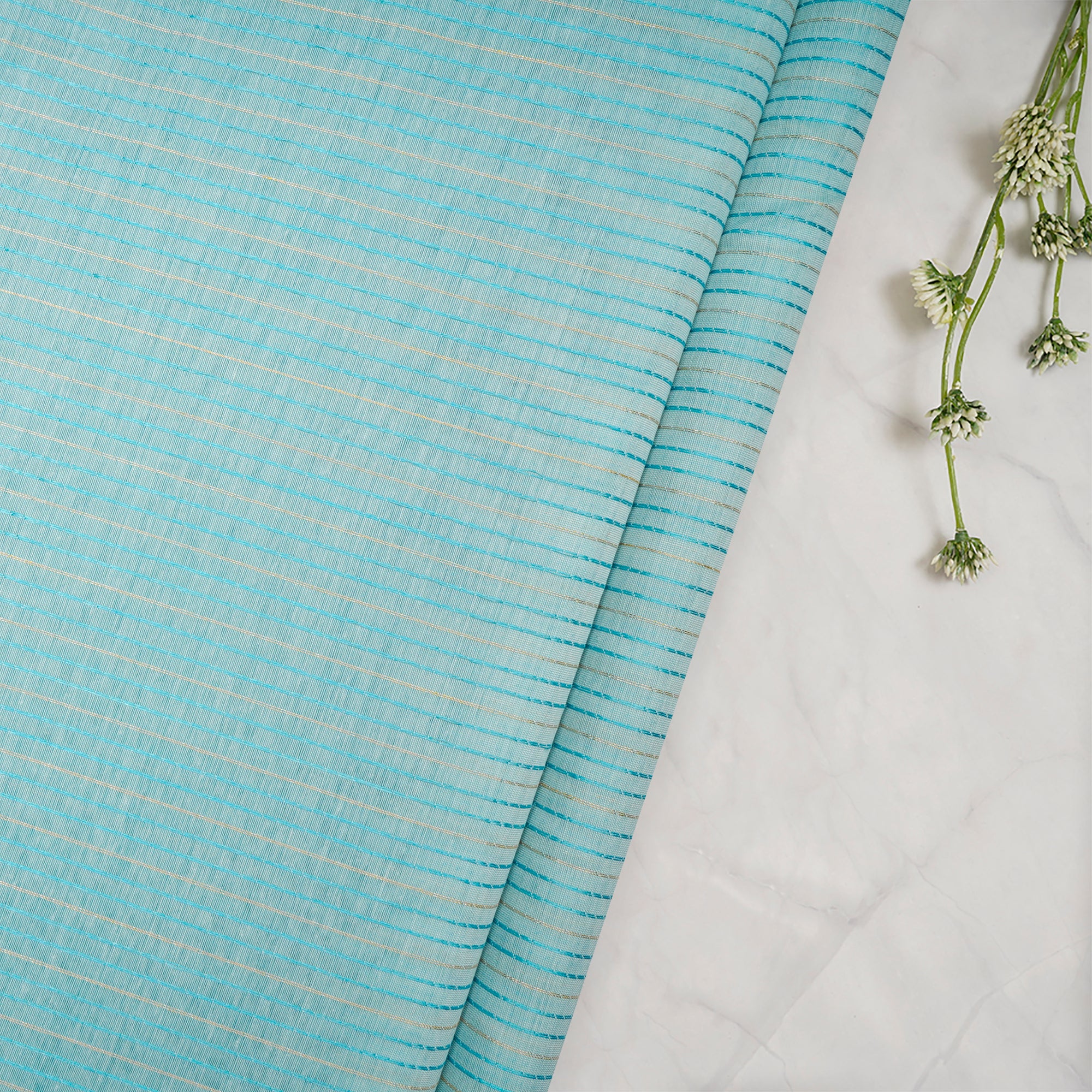 (Pre-Cut 0.70 Mtr)Light Blue Stripe Pattern Embroidered Fancy Chanderi Fabric