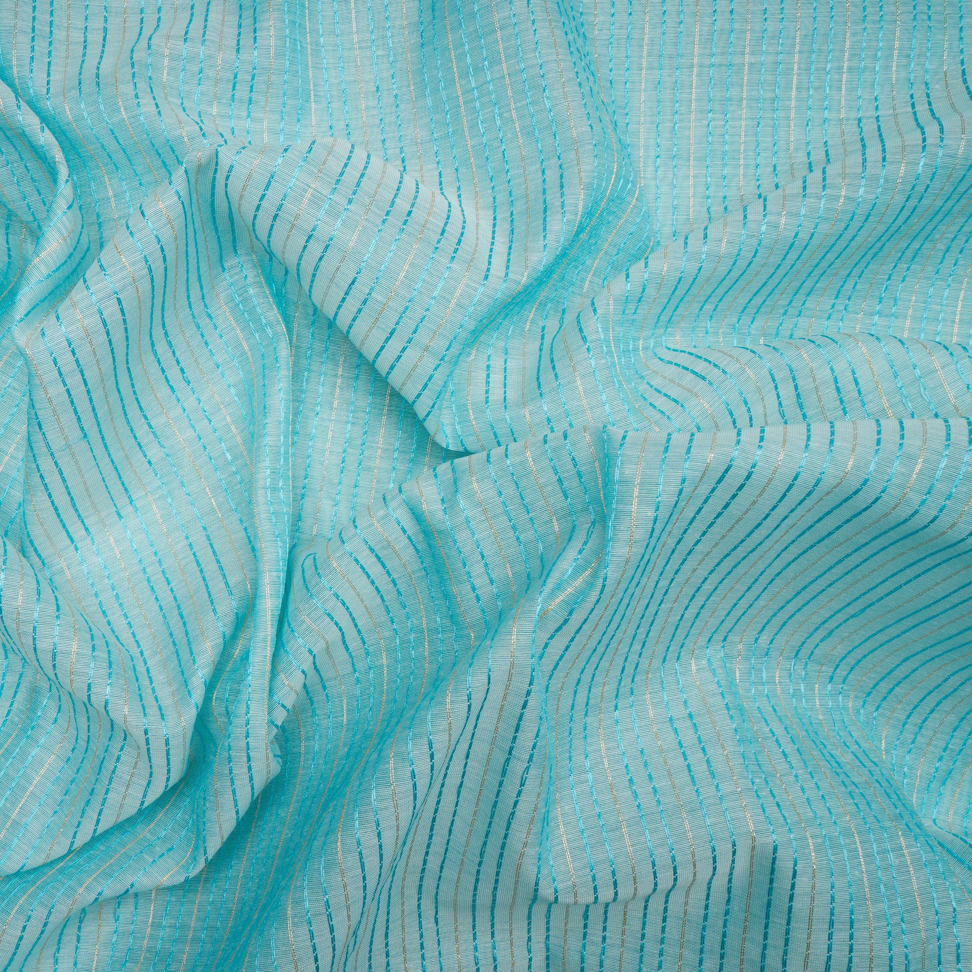 (Pre-Cut 0.70 Mtr)Light Blue Stripe Pattern Embroidered Fancy Chanderi Fabric