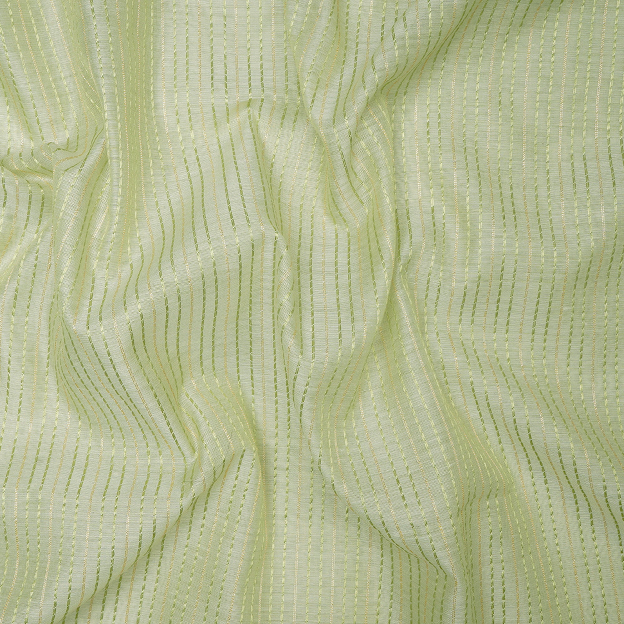 (Pre-Cut 1.60 Mtr)Green Color Lurex Striped Chanderi Fancy Fabric