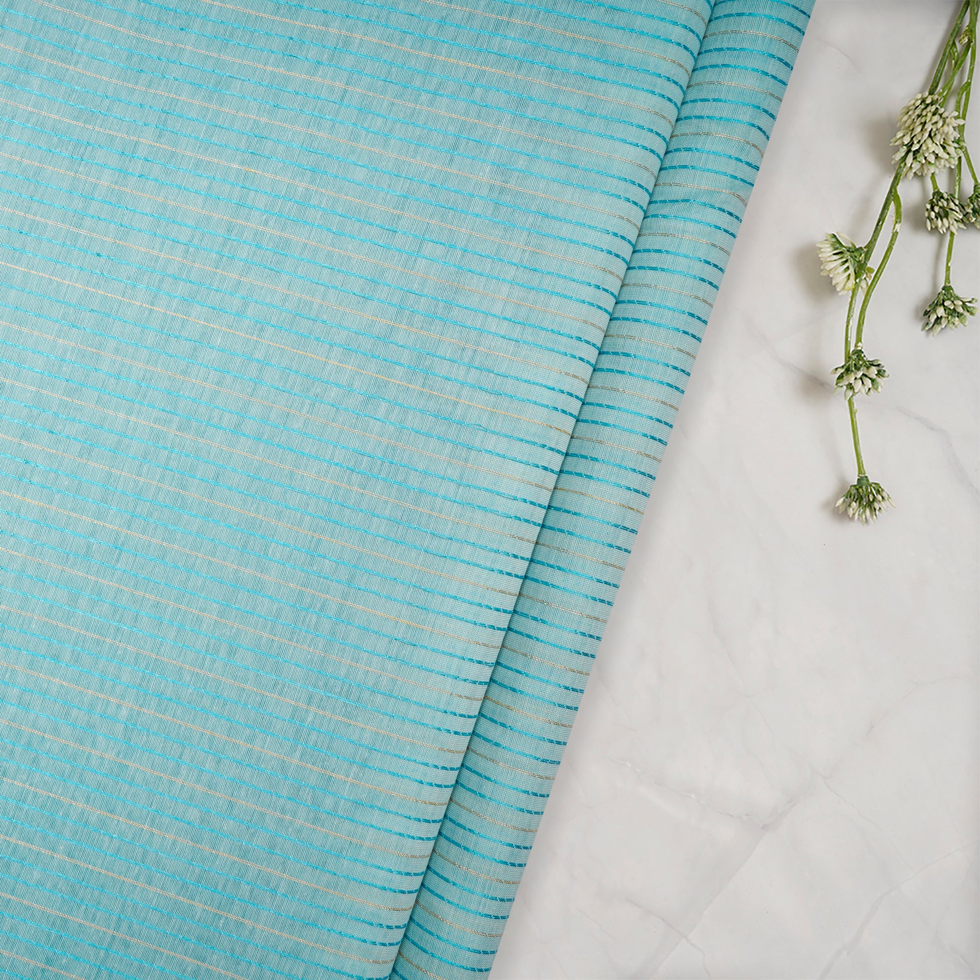 (Pre-Cut 1.90 Mtr)Light Blue Stripe Pattern Embroidered Fancy Chanderi Fabric