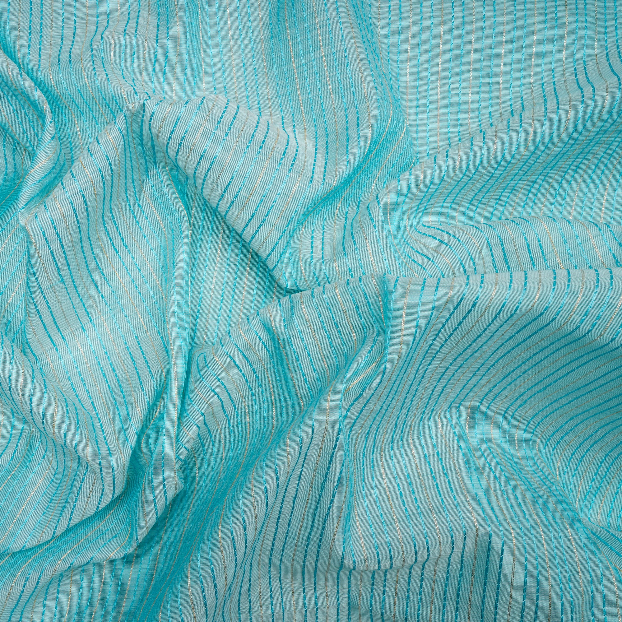(Pre-Cut 1.90 Mtr)Light Blue Stripe Pattern Embroidered Fancy Chanderi Fabric