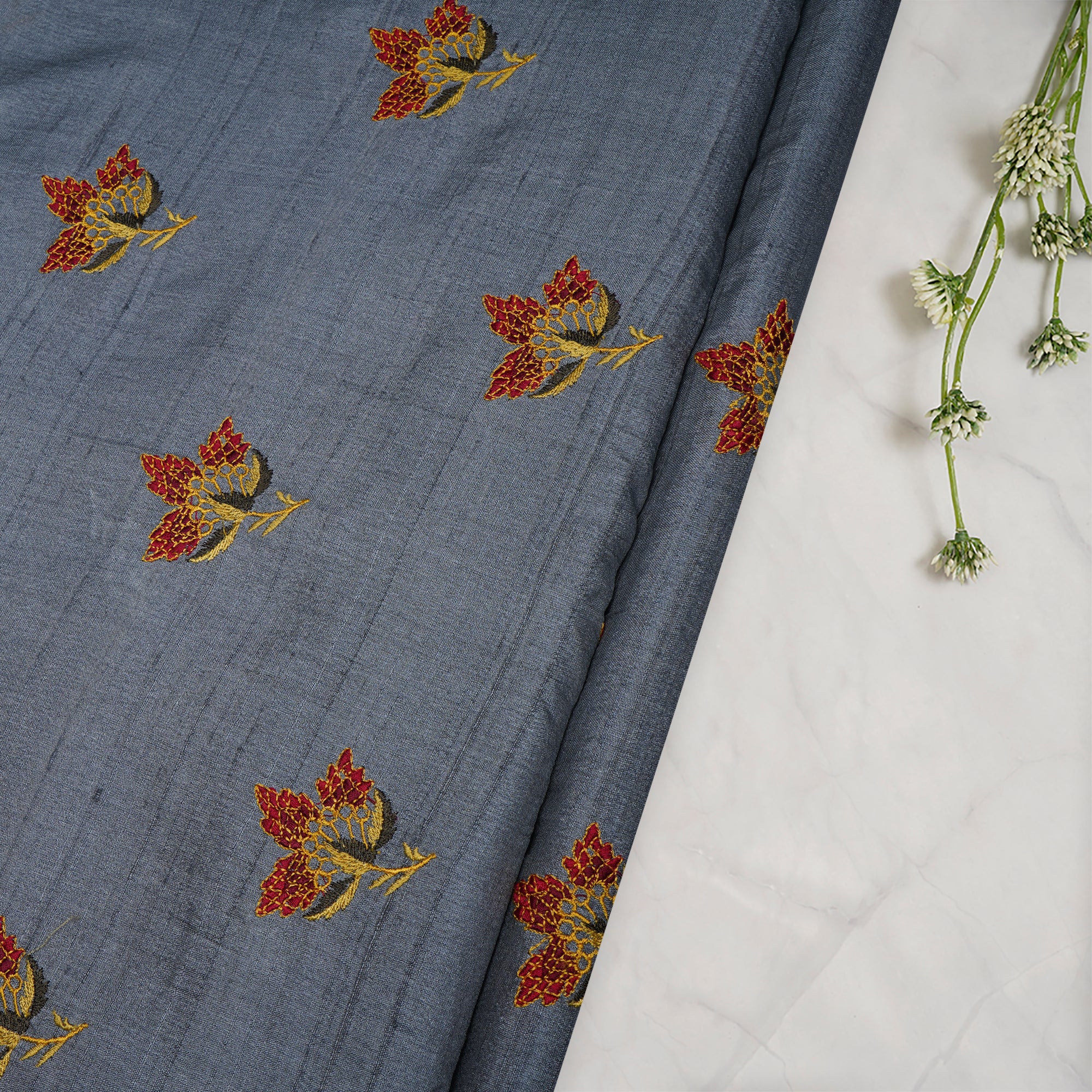 (Pre-Cut 1.70 Mtr)Grey-Red Color Embroidered Tussar Silk Fabric