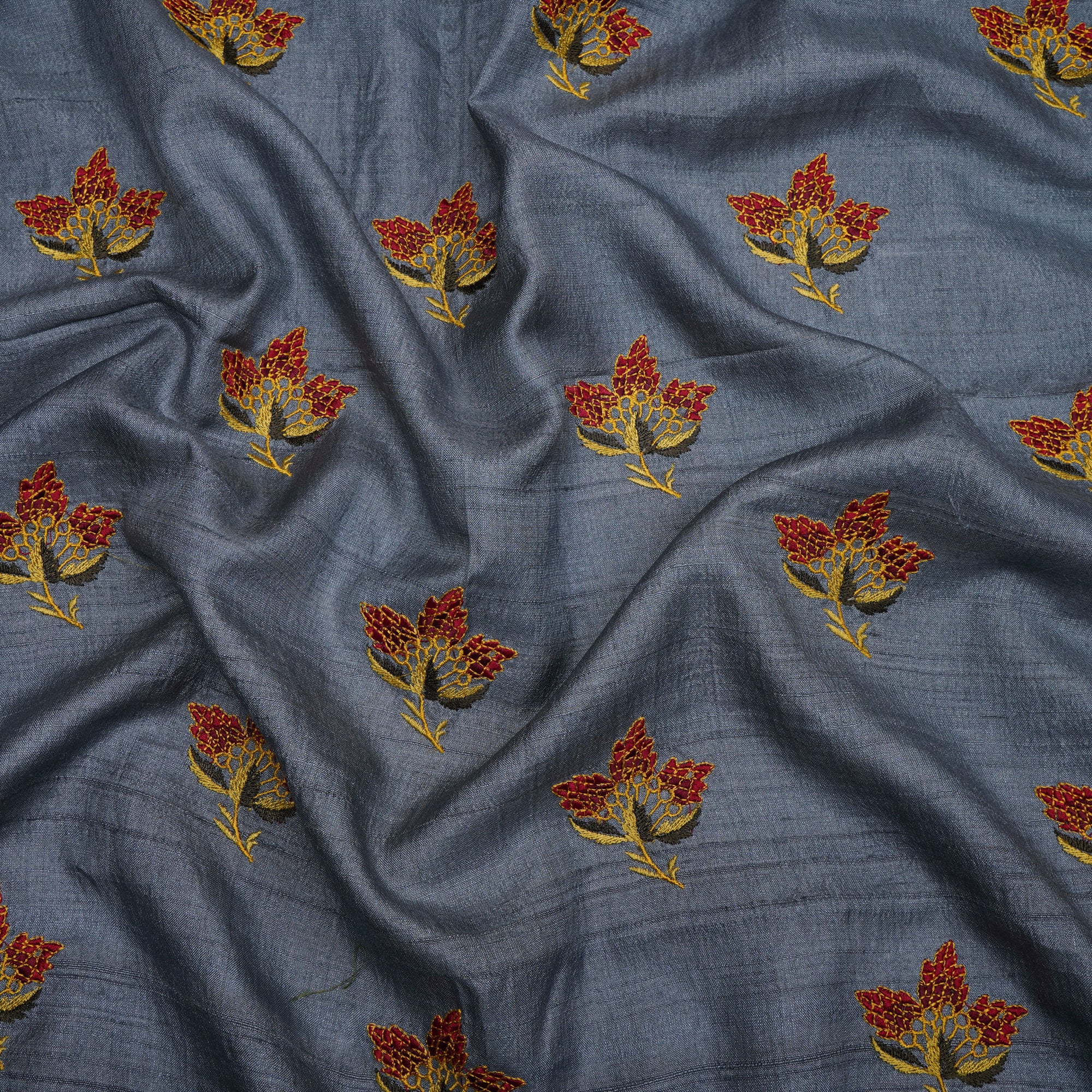 (Pre-Cut 1.70 Mtr)Grey-Red Color Embroidered Tussar Silk Fabric