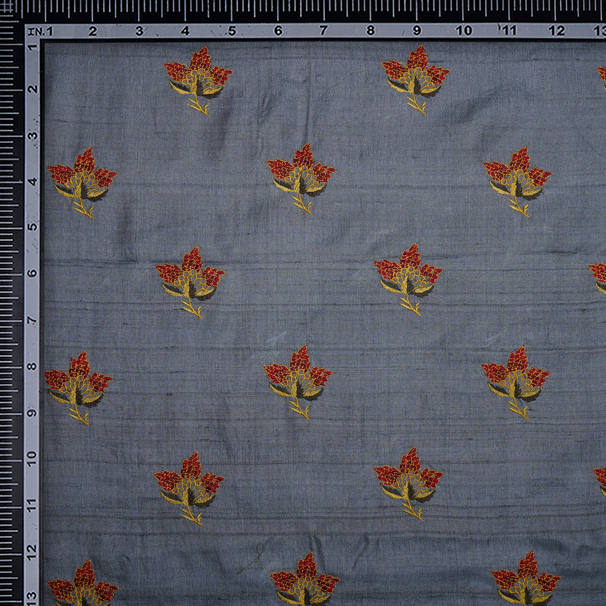 (Pre-Cut 1.70 Mtr)Grey-Red Color Embroidered Tussar Silk Fabric