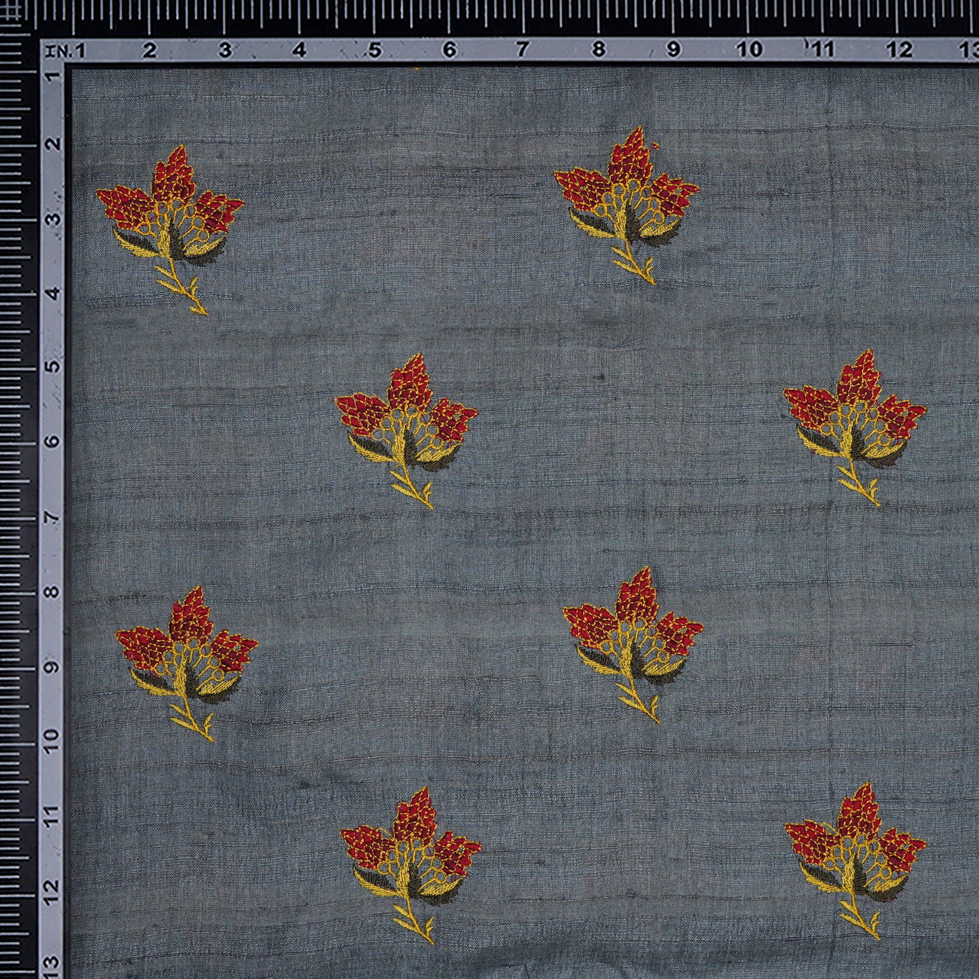 (Pre-Cut 5.00Mtr)Grey-Red Color Embroidered Tussar Silk Fabric
