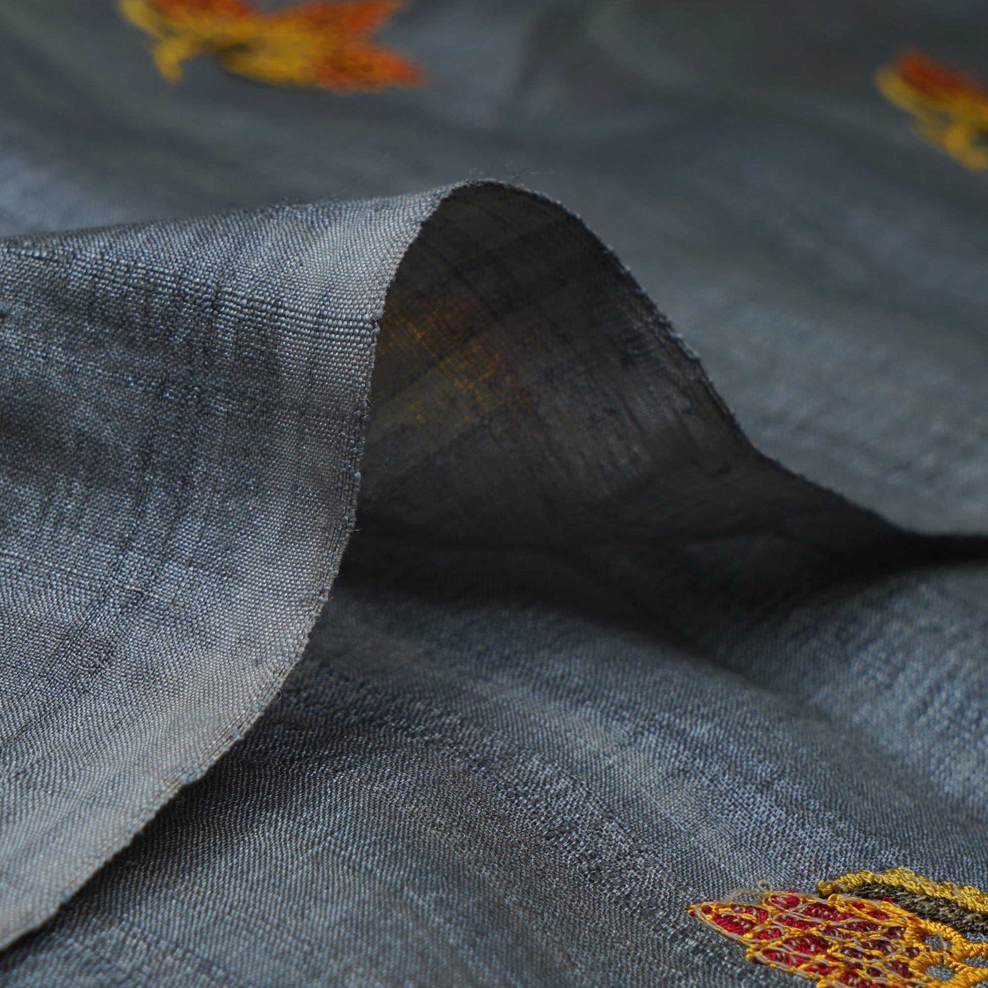 (Pre-Cut 5.00Mtr)Grey-Red Color Embroidered Tussar Silk Fabric