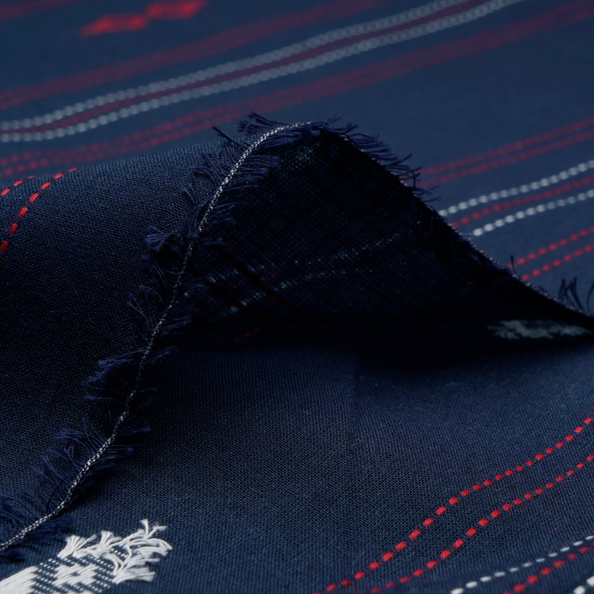(Pre-Cut 0.70 Mtr)Dark Blue Stripes Pattern Yarn Dyed Cutwork Fancy South Cotton Fabric