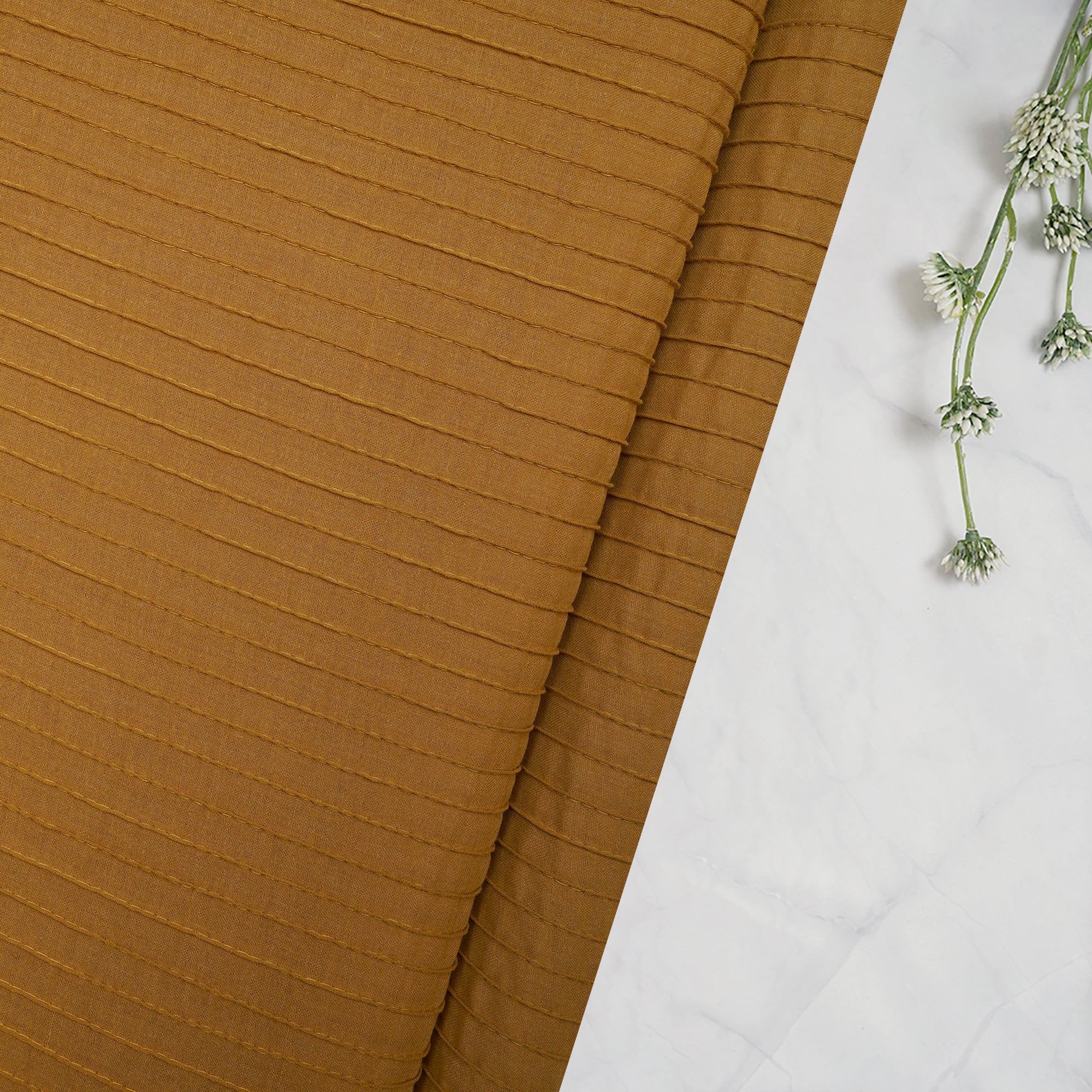 (Pre-Cut 3.70 Mtr)Amber Gold Pintuck Pattern High Twist Cotton Voile Fabric