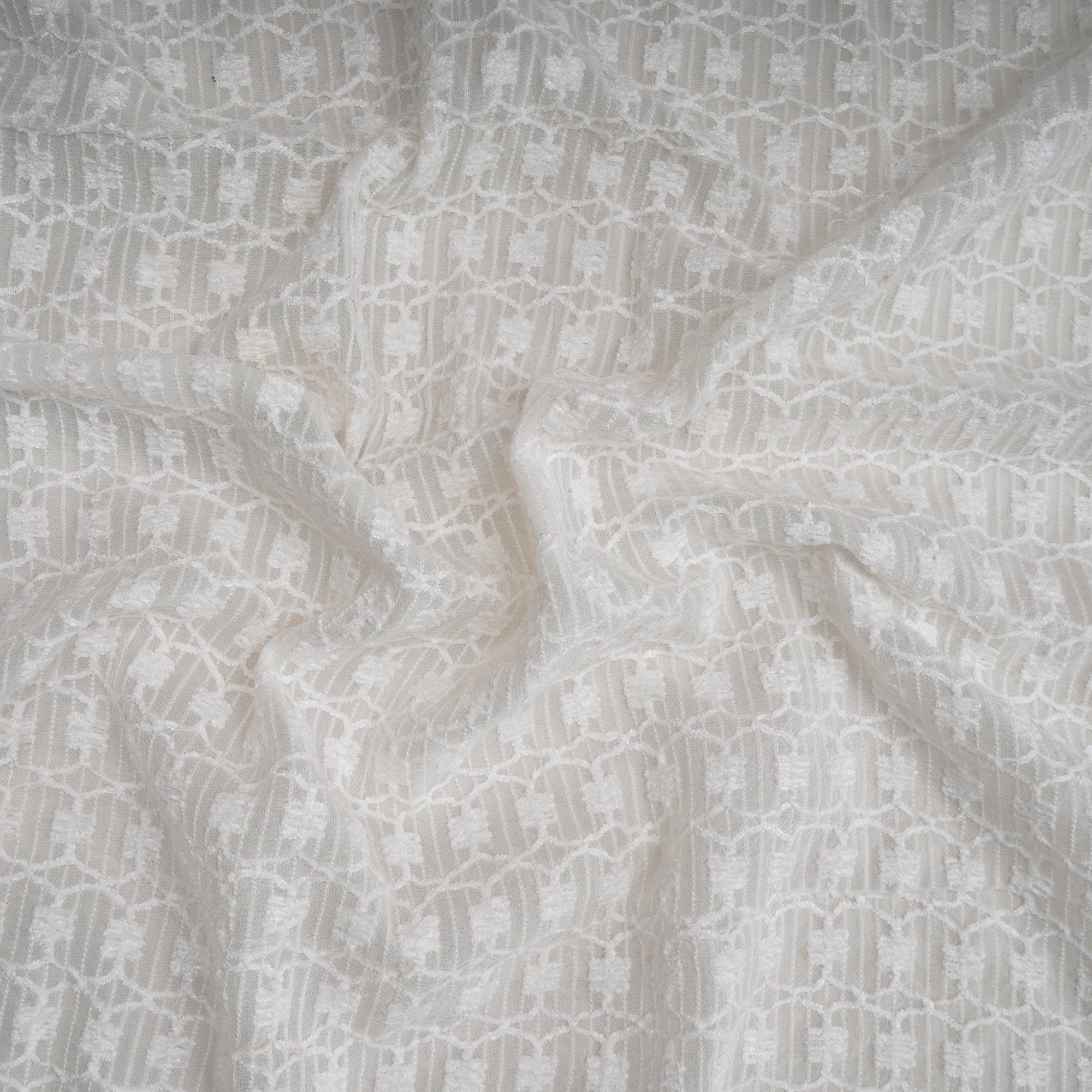 (Pre-Cut 1.50 Mtr)White Color Embroidered Viscose Fabric