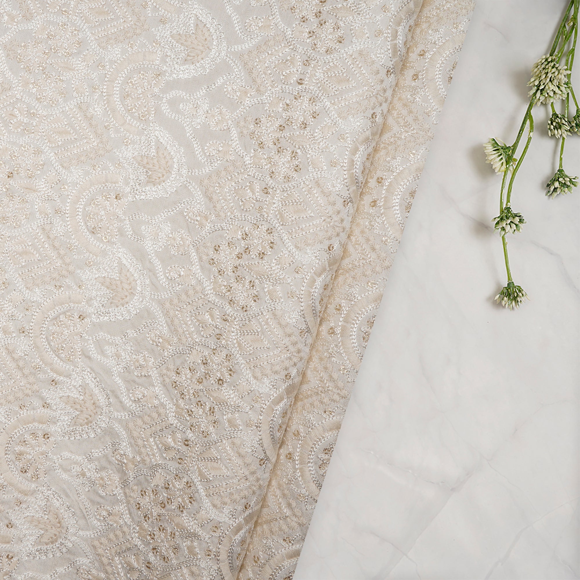 (Pre-Cut 1.30 Mtr)White Dyeable Traditional Pattern Embroidered with Thread & Sequine Mysore Silk Fabric