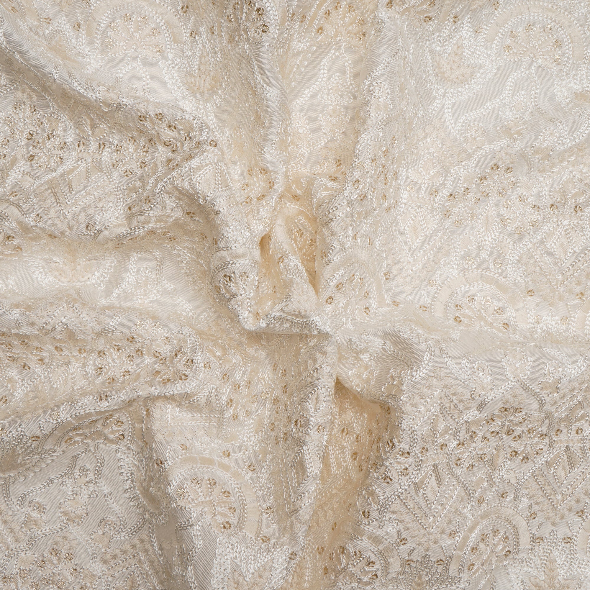 (Pre-Cut 1.30 Mtr)White Dyeable Traditional Pattern Embroidered with Thread & Sequine Mysore Silk Fabric