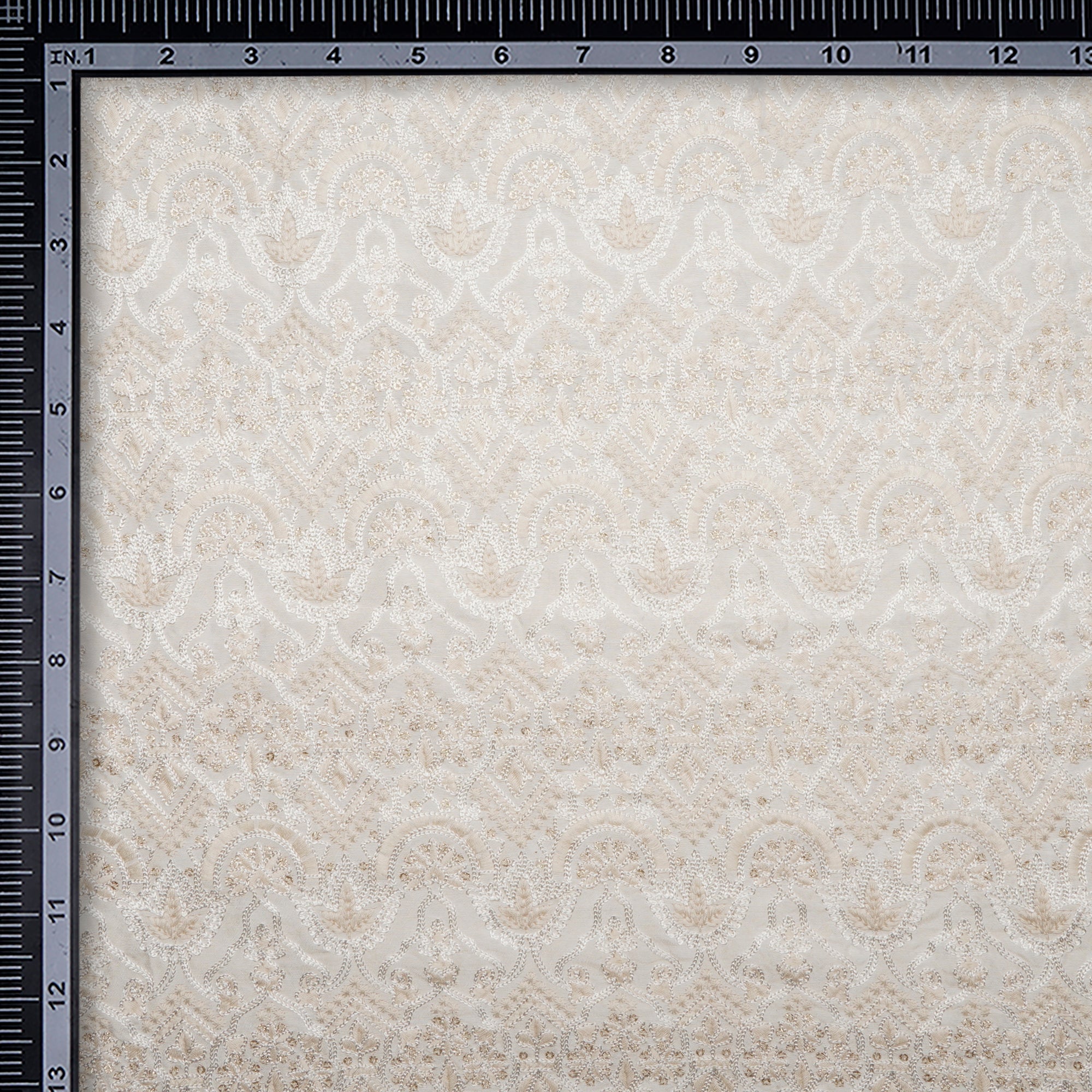 (Pre-Cut 1.30 Mtr)White Dyeable Traditional Pattern Embroidered with Thread & Sequine Mysore Silk Fabric