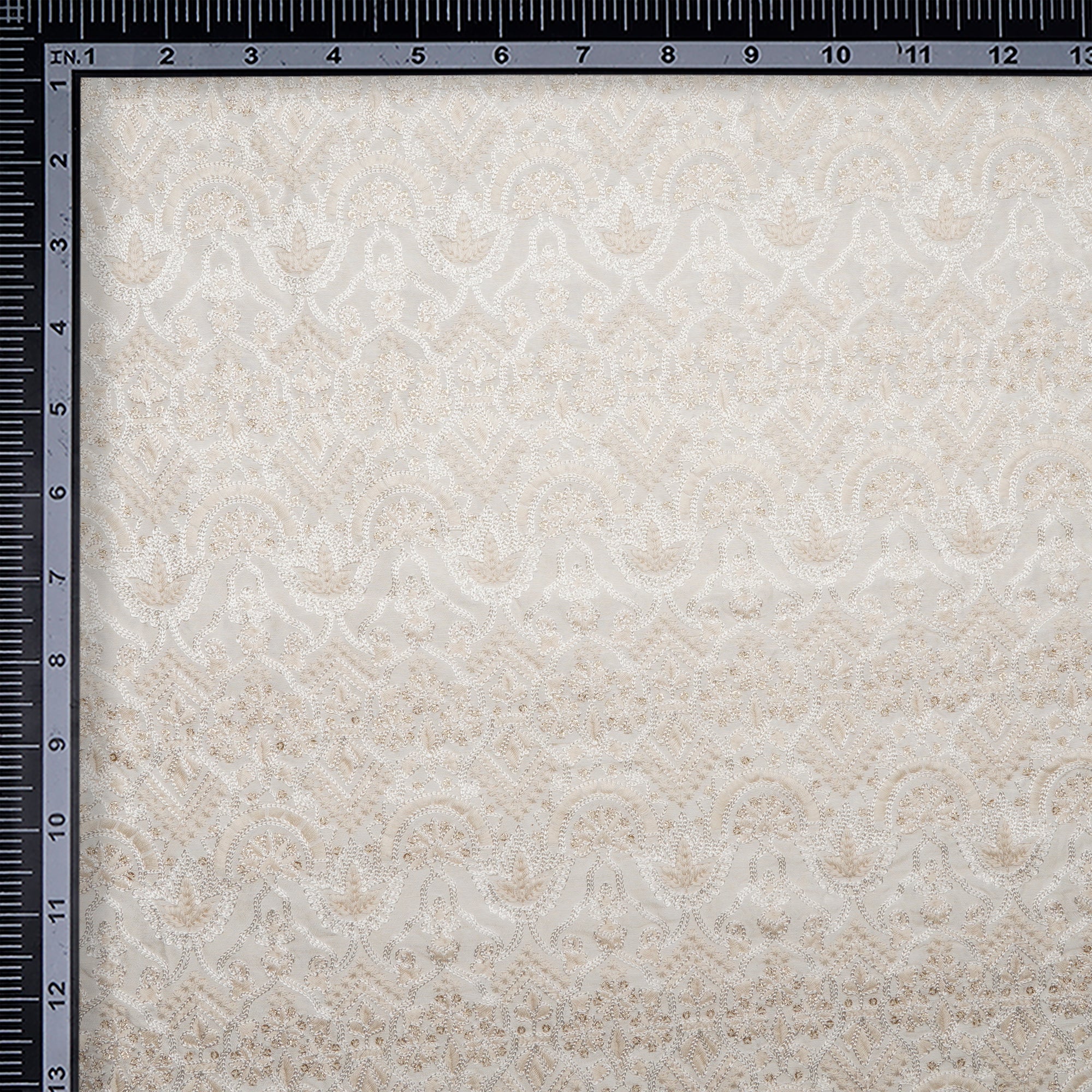 (Pre-Cut 1.30 Mtr)White Dyeable Traditional Pattern Embroidered with Thread & Sequine Mysore Silk Fabric