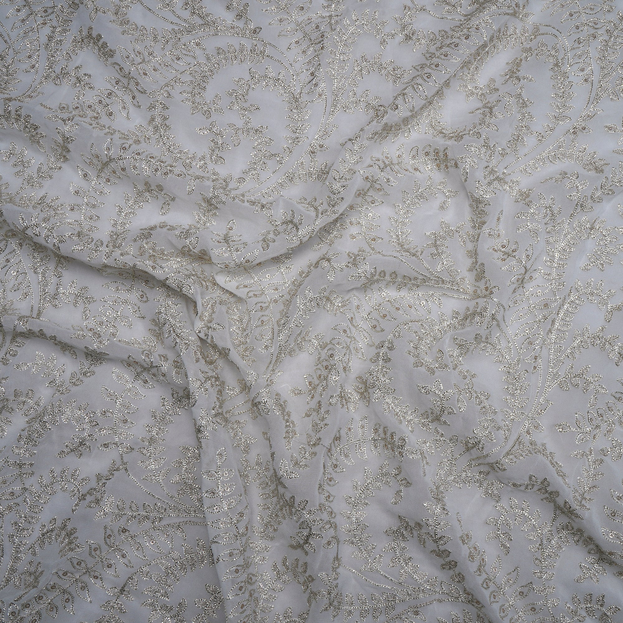 (Pre-Cut 1.80 Mtr)White Color Sequins Embroidered Dyeable Viscose Georgette Fabric