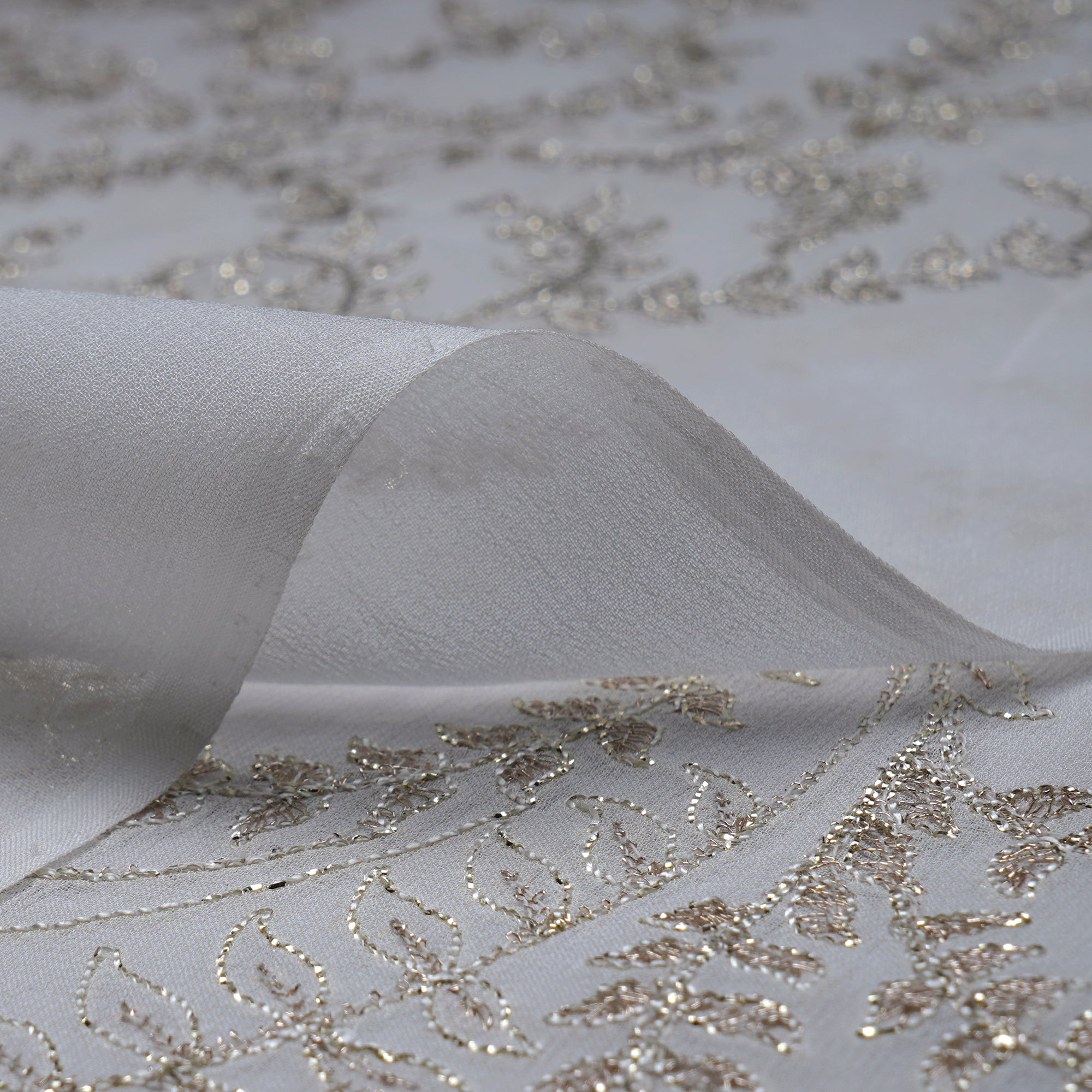 (Pre-Cut 1.80 Mtr)White Color Sequins Embroidered Dyeable Viscose Georgette Fabric