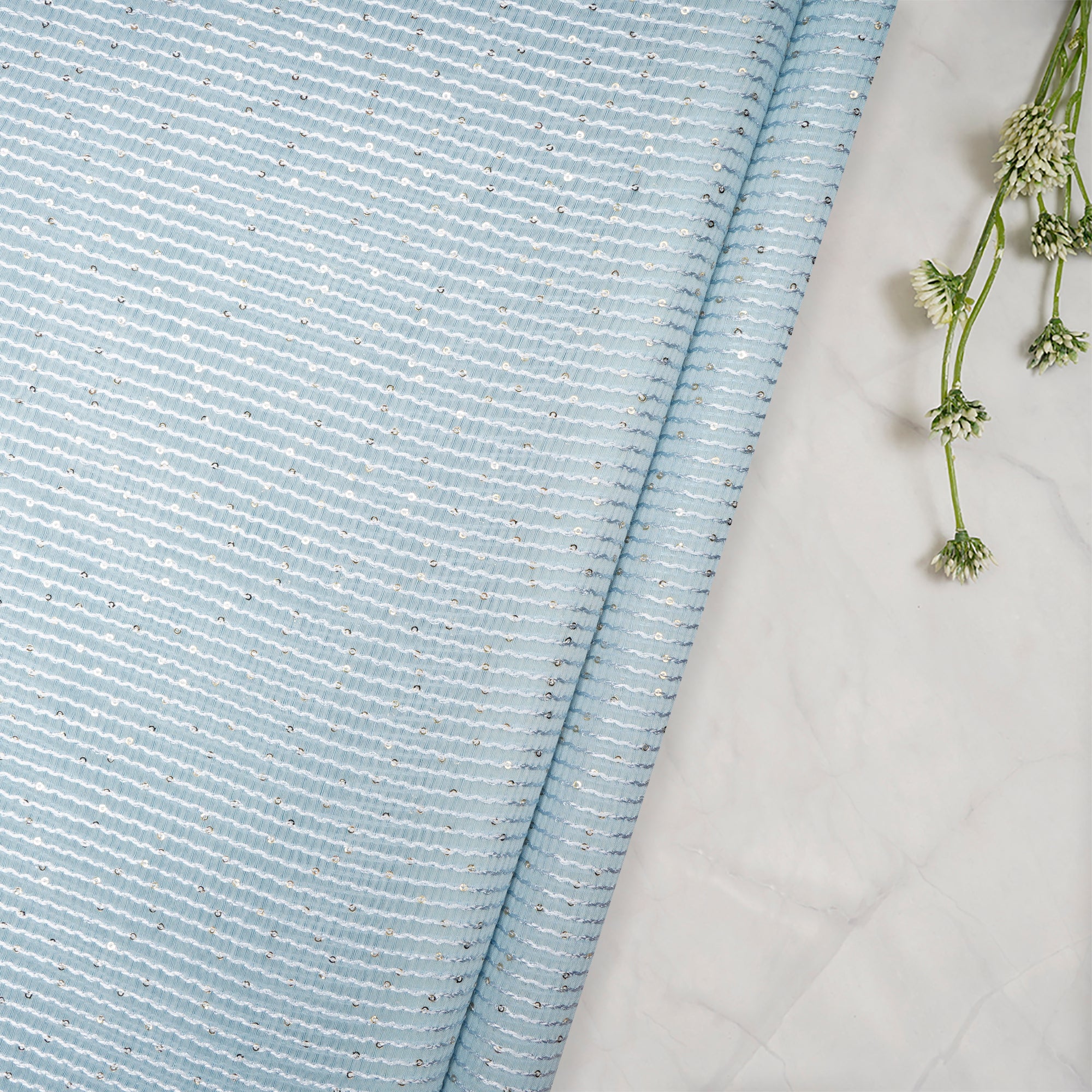 (Pre-Cut 1.50 Mtr)Ice Blue All Over Pattern Sequins Embroidered Pure Chanderi Fabric
