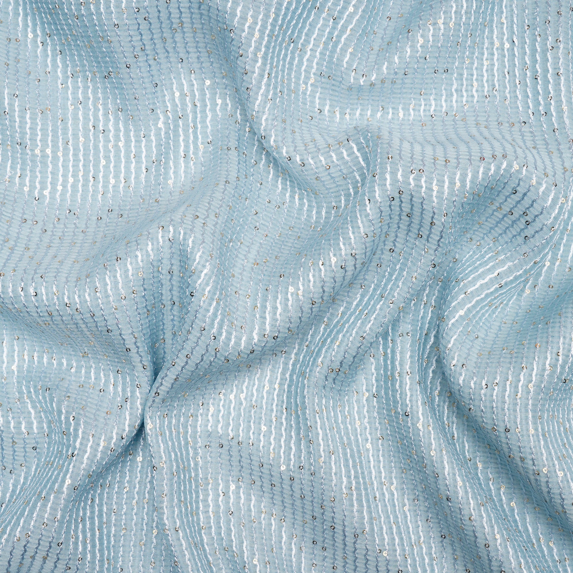 (Pre-Cut 1.50 Mtr)Ice Blue All Over Pattern Sequins Embroidered Pure Chanderi Fabric