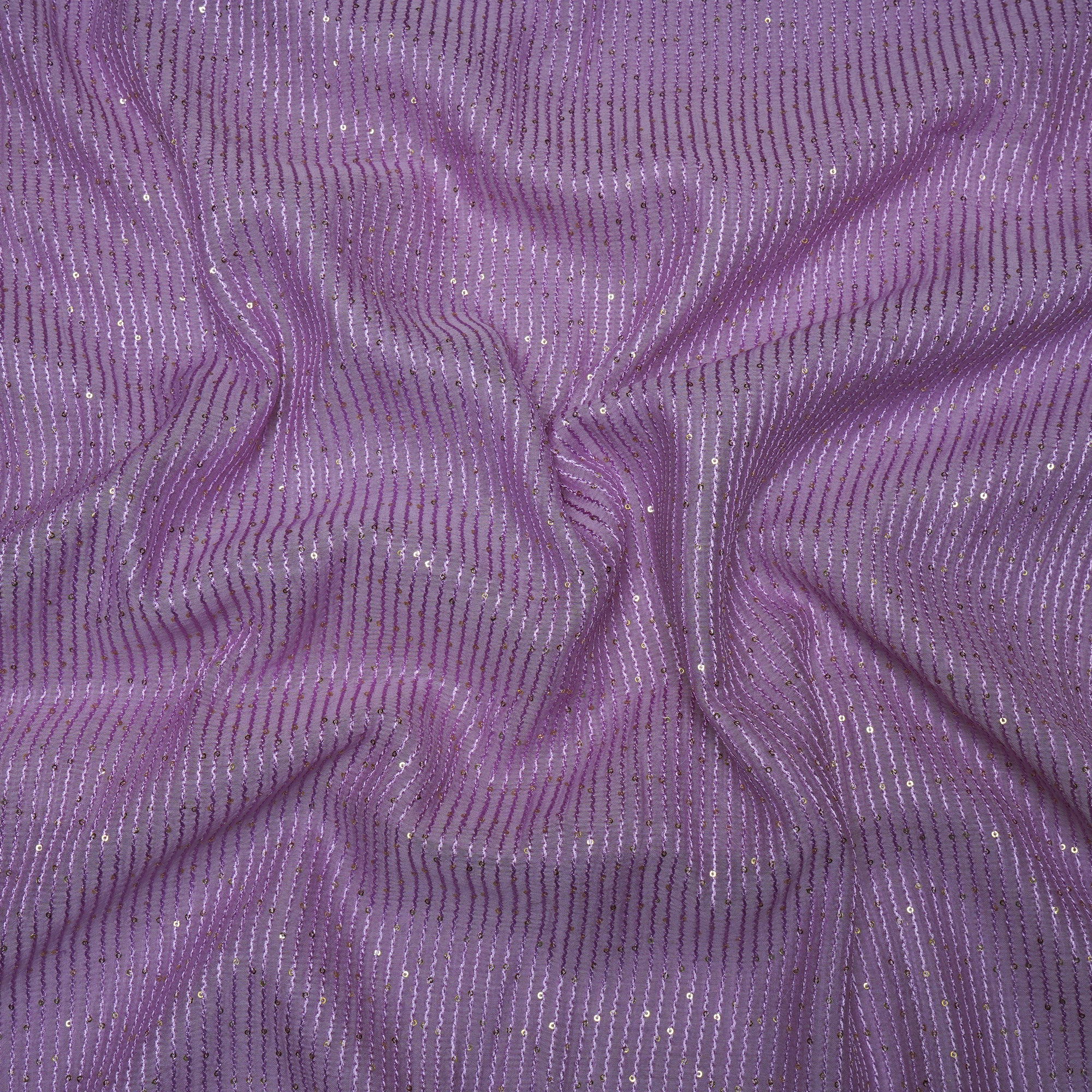 (Pre-Cut 3.30 Mtr)Lavender Stripe Pattern Thread Embroidered Chanderi Fabric