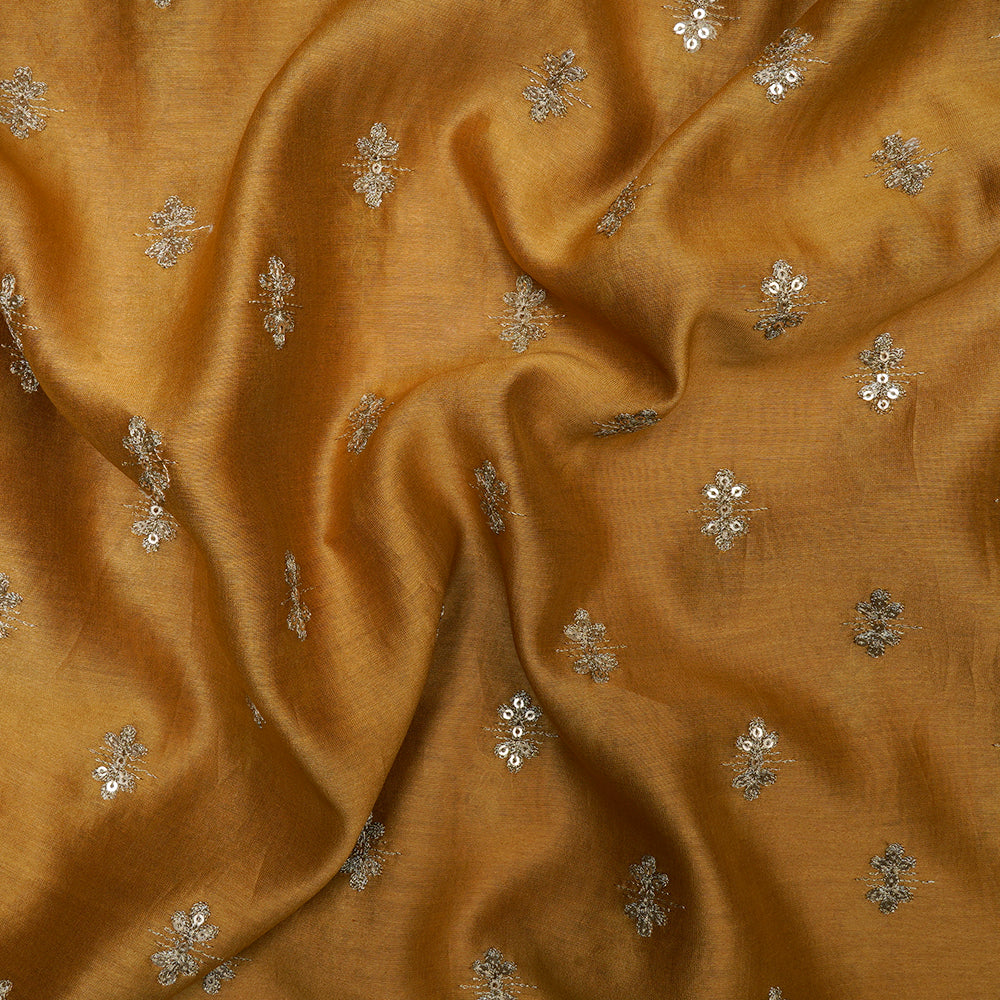 (Pre-Cut 1.00 Mtr)Golden Color Embroidered Pure Rapier Chanderi Fabric With Sequins