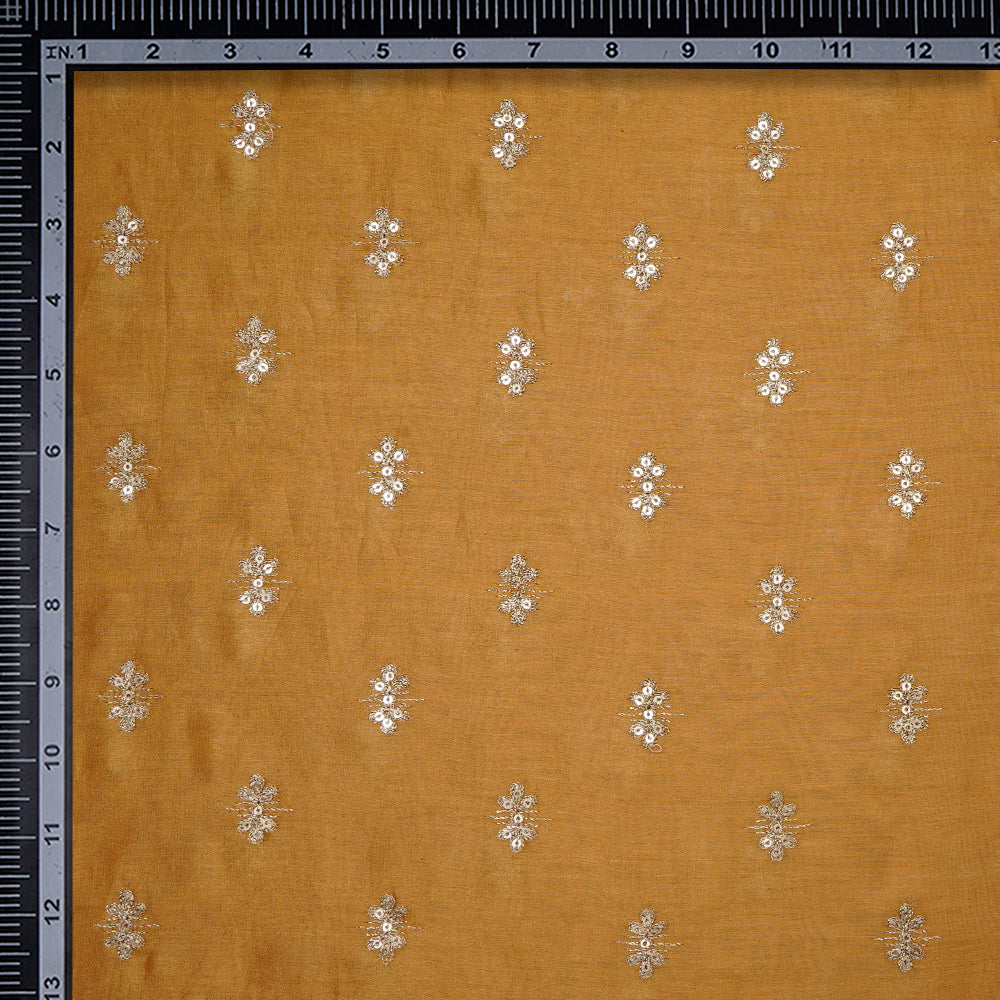 (Pre-Cut 1.00 Mtr)Golden Color Embroidered Pure Rapier Chanderi Fabric With Sequins