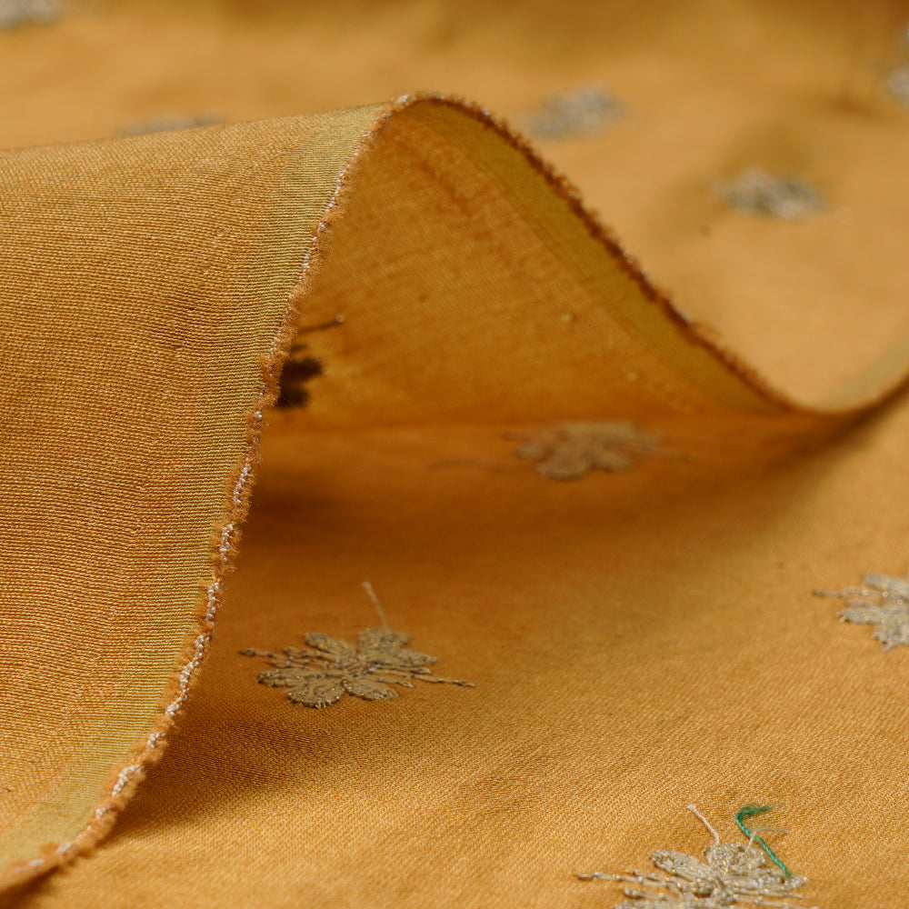 (Pre-Cut 1.00 Mtr)Golden Color Embroidered Pure Rapier Chanderi Fabric With Sequins