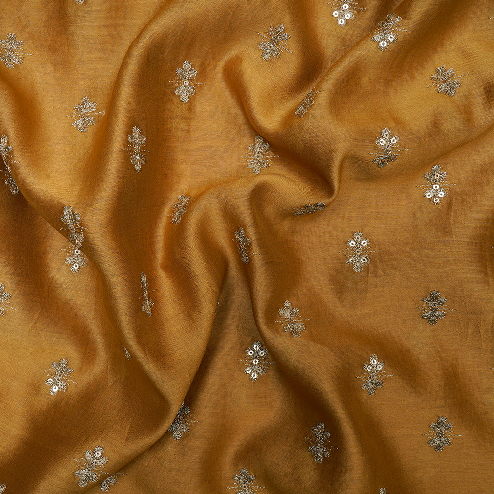 (Pre-Cut 3.90 Mtr)Golden Color Embroidered Pure Rapier Chanderi Fabric With Sequins