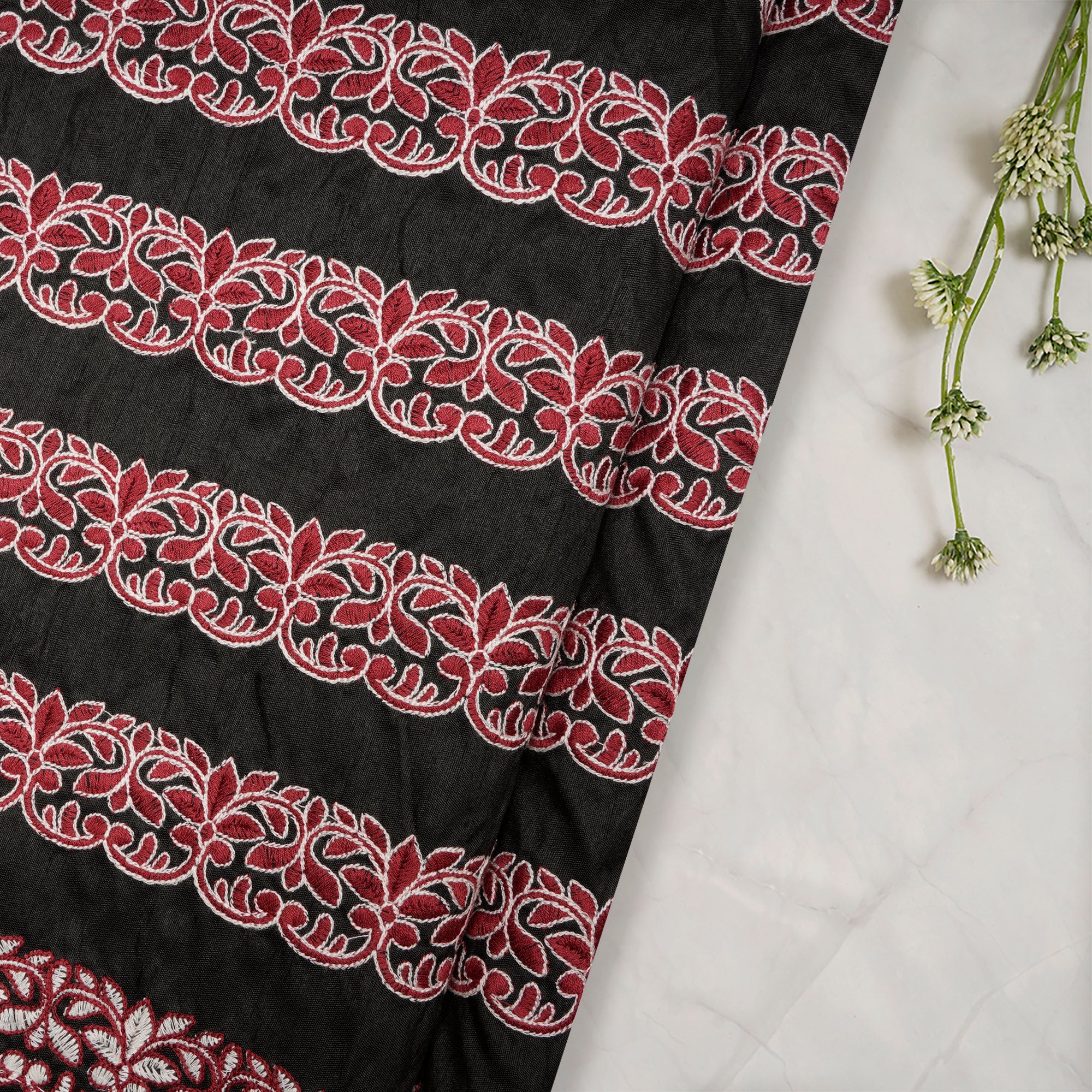 (Pre-Cut 1.50 Mtr)Black Stripe Pattern Embroidered Polyester Fabric