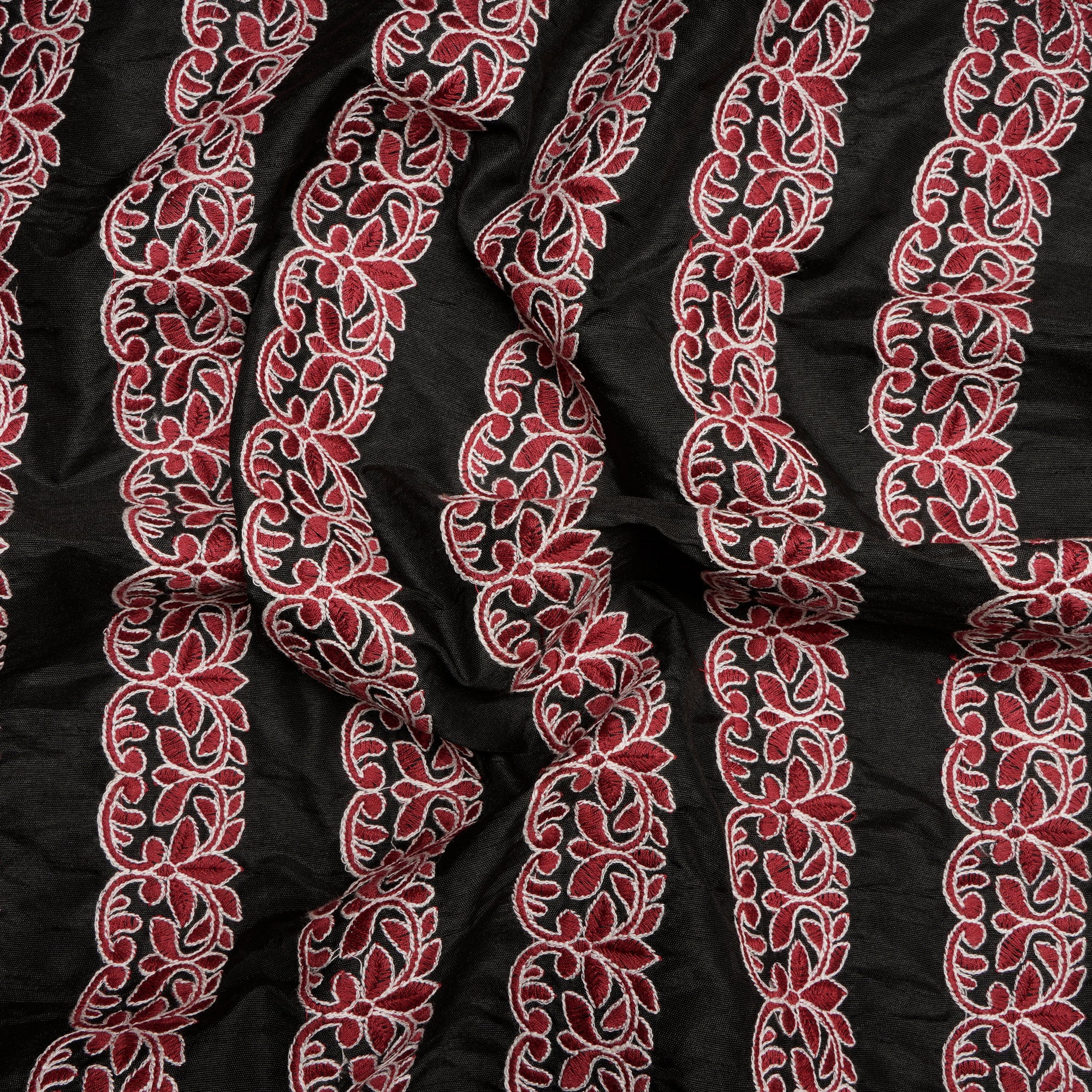 (Pre-Cut 1.50 Mtr)Black Stripe Pattern Embroidered Polyester Fabric