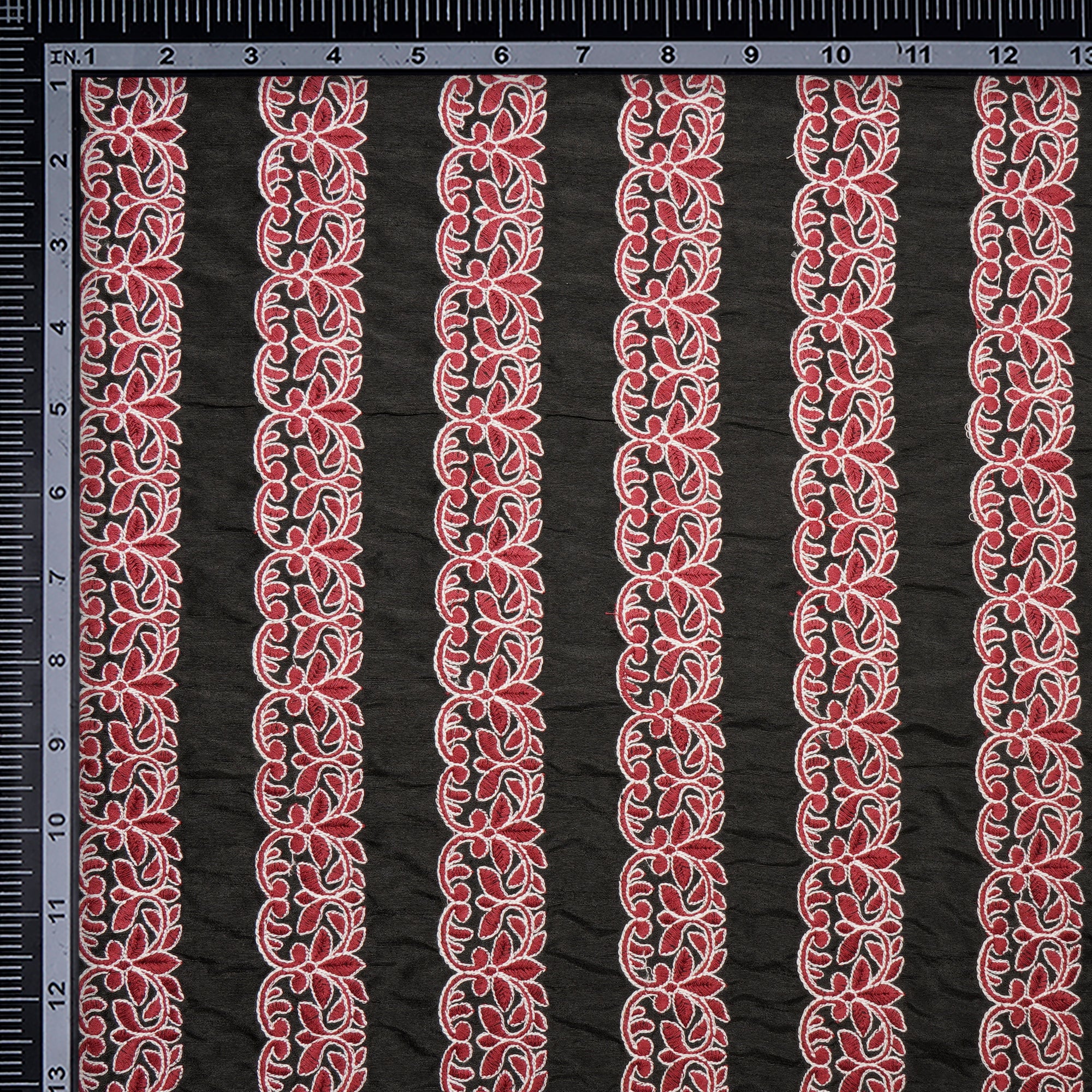 (Pre-Cut 1.50 Mtr)Black Stripe Pattern Embroidered Polyester Fabric