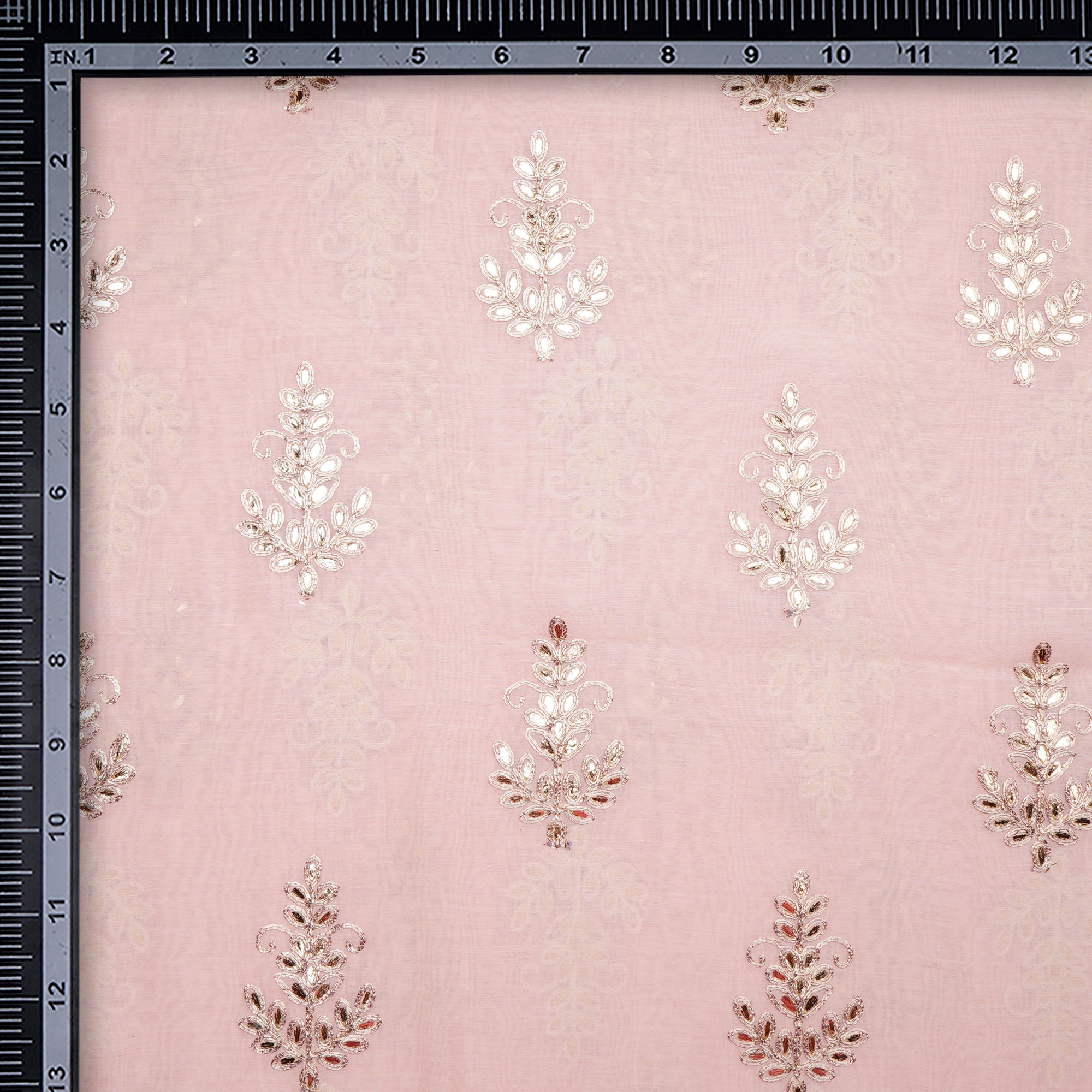 (Pre-Cut 0.90 Mtr)Baby Pink Dyed Motif Pattern Gota Patti Work Embroidered Chanderi Fabric