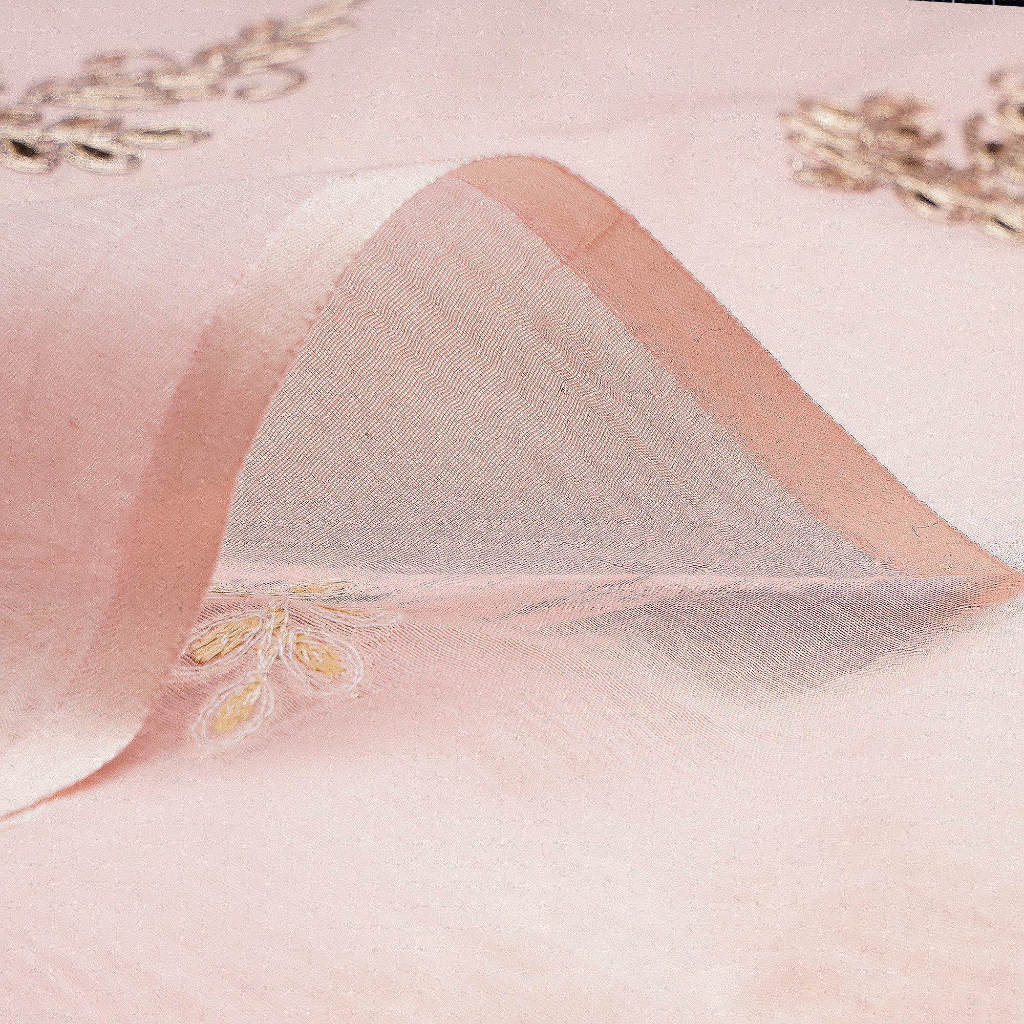 (Pre-Cut 0.90 Mtr)Baby Pink Dyed Motif Pattern Gota Patti Work Embroidered Chanderi Fabric