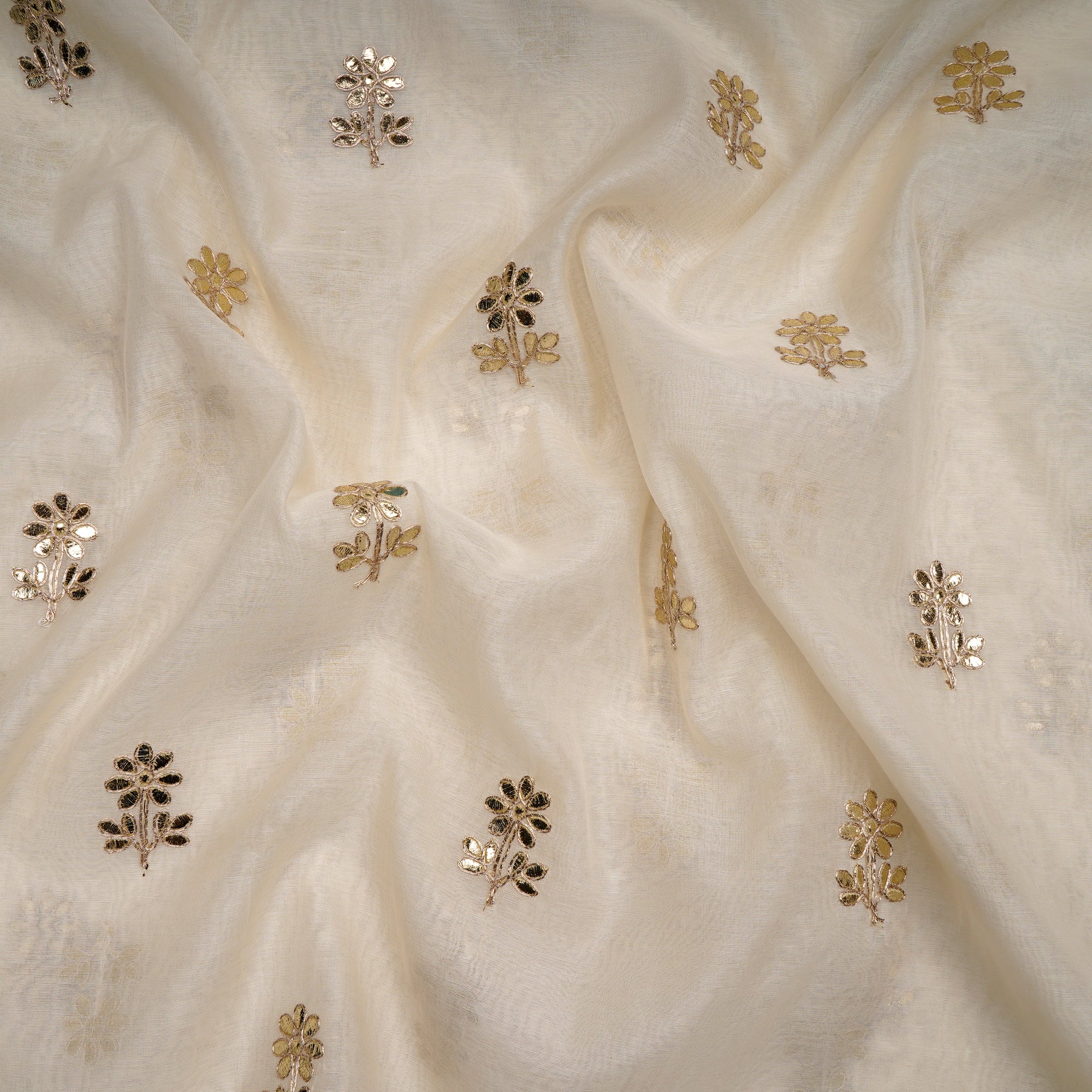 (Pre-Cut 1.30 Mtr)Off-White Dyeable Motif Pattern Embroidered Chanderi Fabric