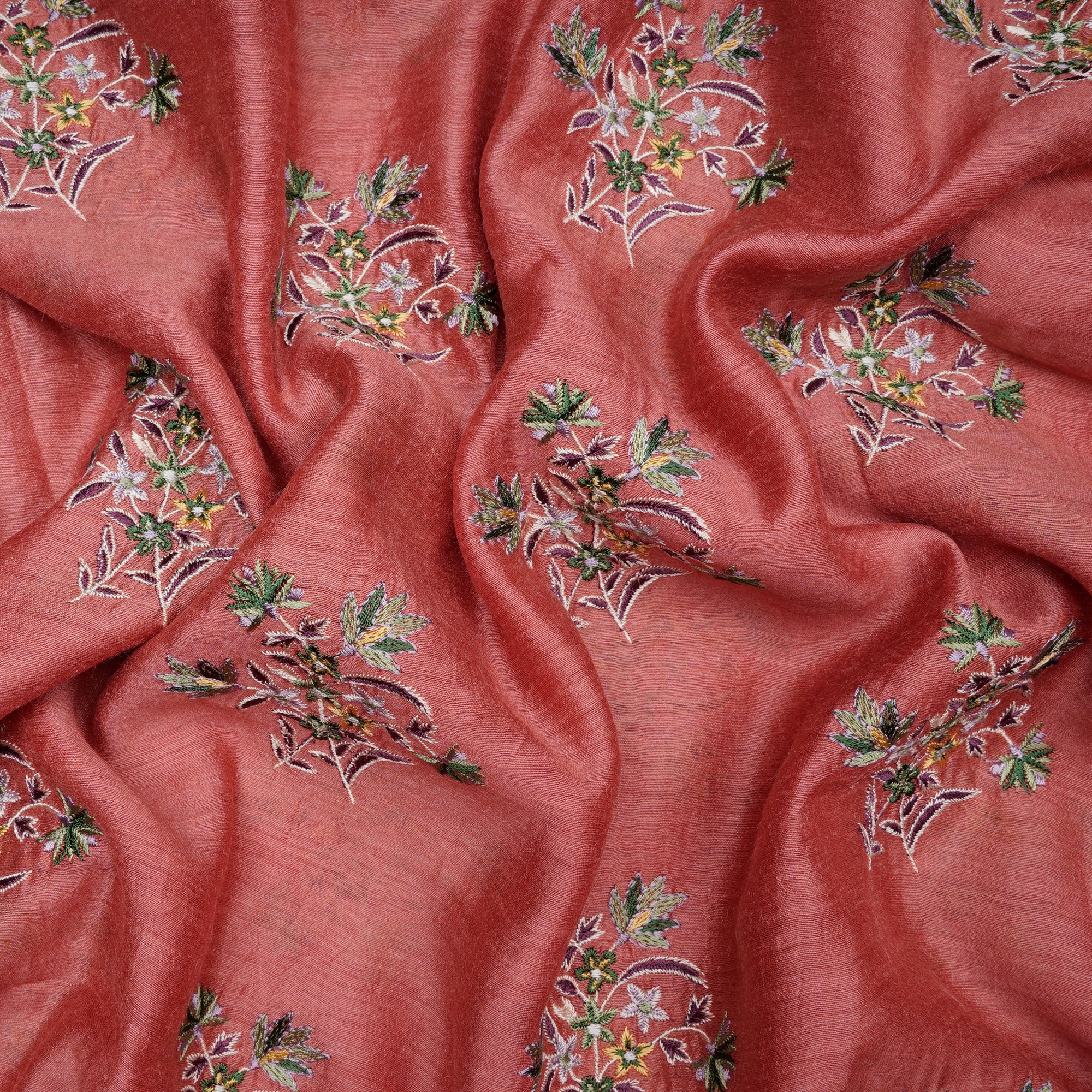 (Pre-Cut 1.45 Mtr)Spiced coral Motif Pattern Thread Embroidered Muga Silk Fabric