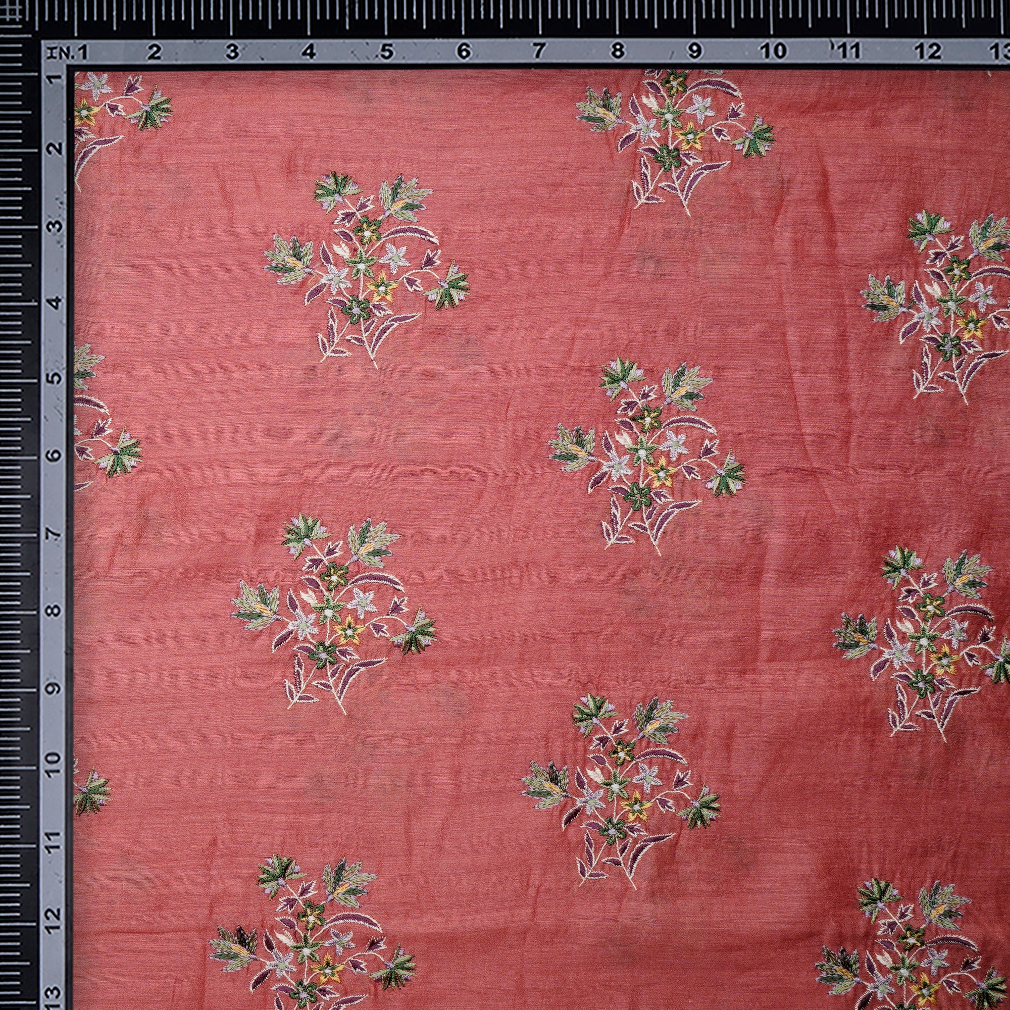 (Pre-Cut 1.45 Mtr)Spiced coral Motif Pattern Thread Embroidered Muga Silk Fabric