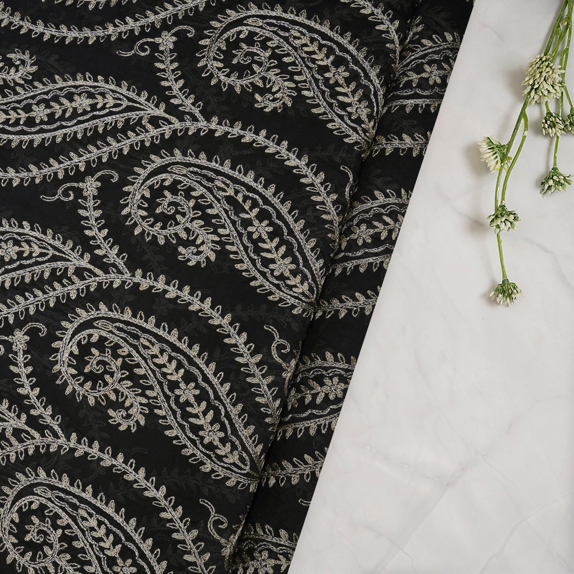 (Pre-Cut 1.80 Mtr)Black All Over Pattern Thread Embroidered Georgette Fabric