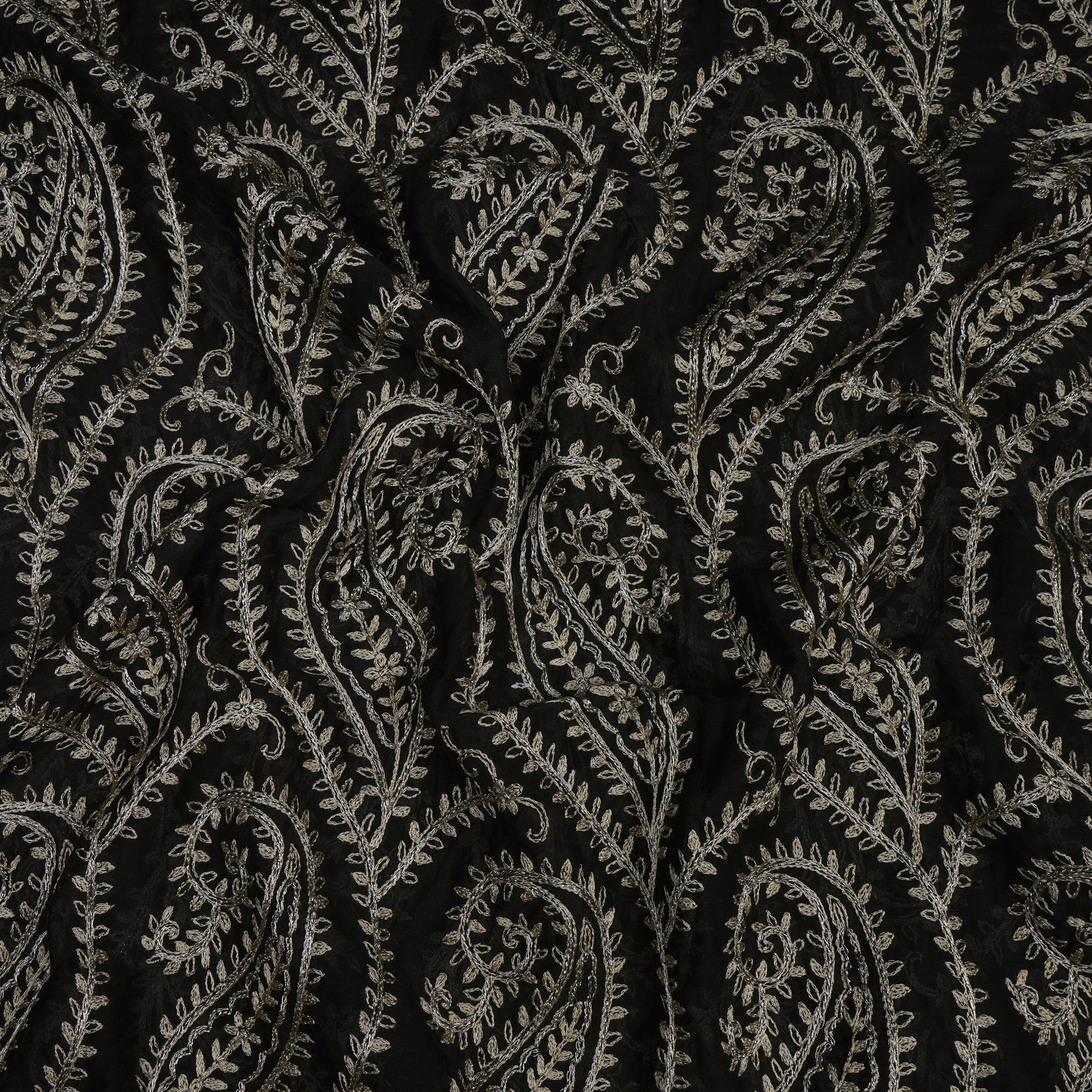 (Pre-Cut 1.80 Mtr)Black All Over Pattern Thread Embroidered Georgette Fabric