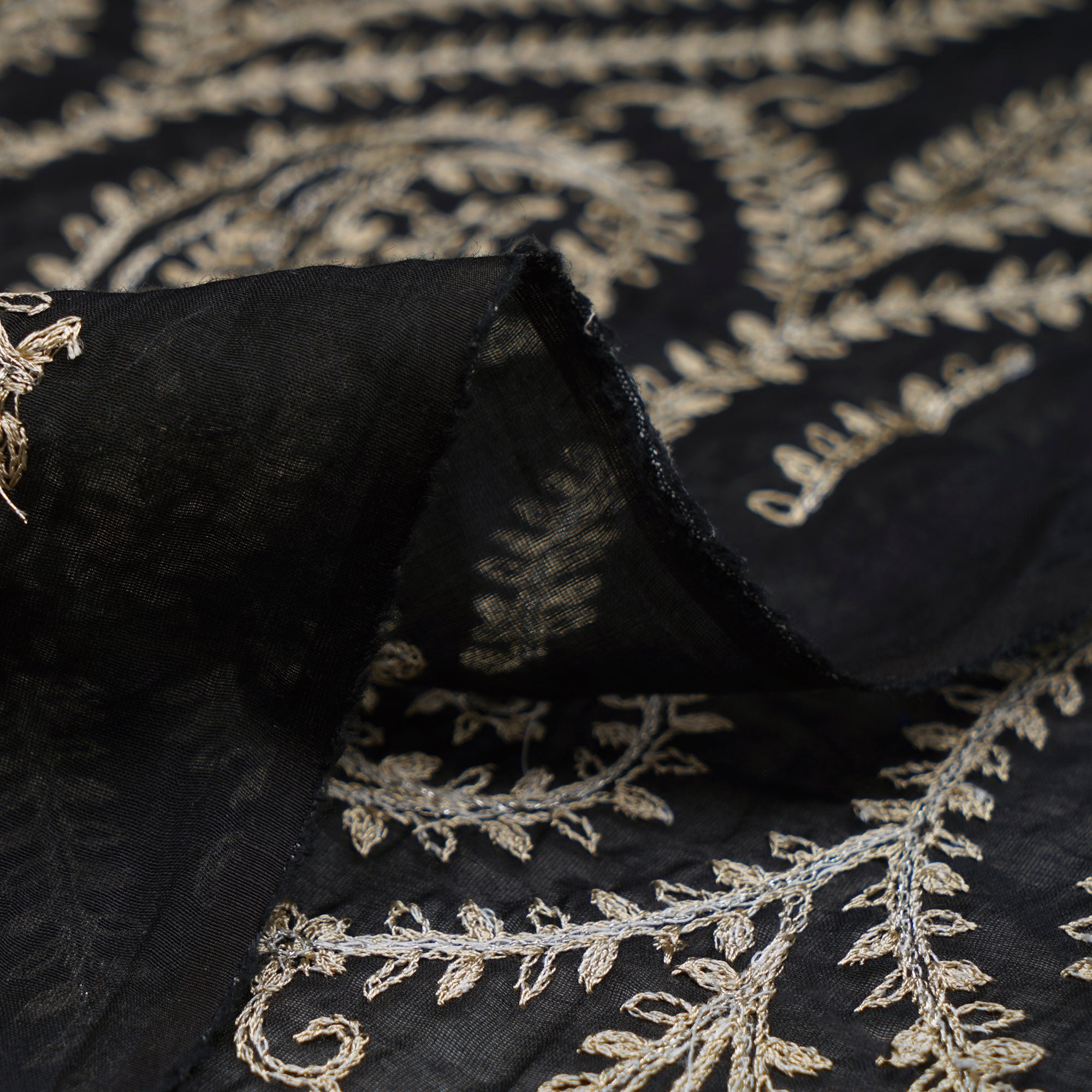 (Pre-Cut 1.80 Mtr)Black All Over Pattern Thread Embroidered Georgette Fabric