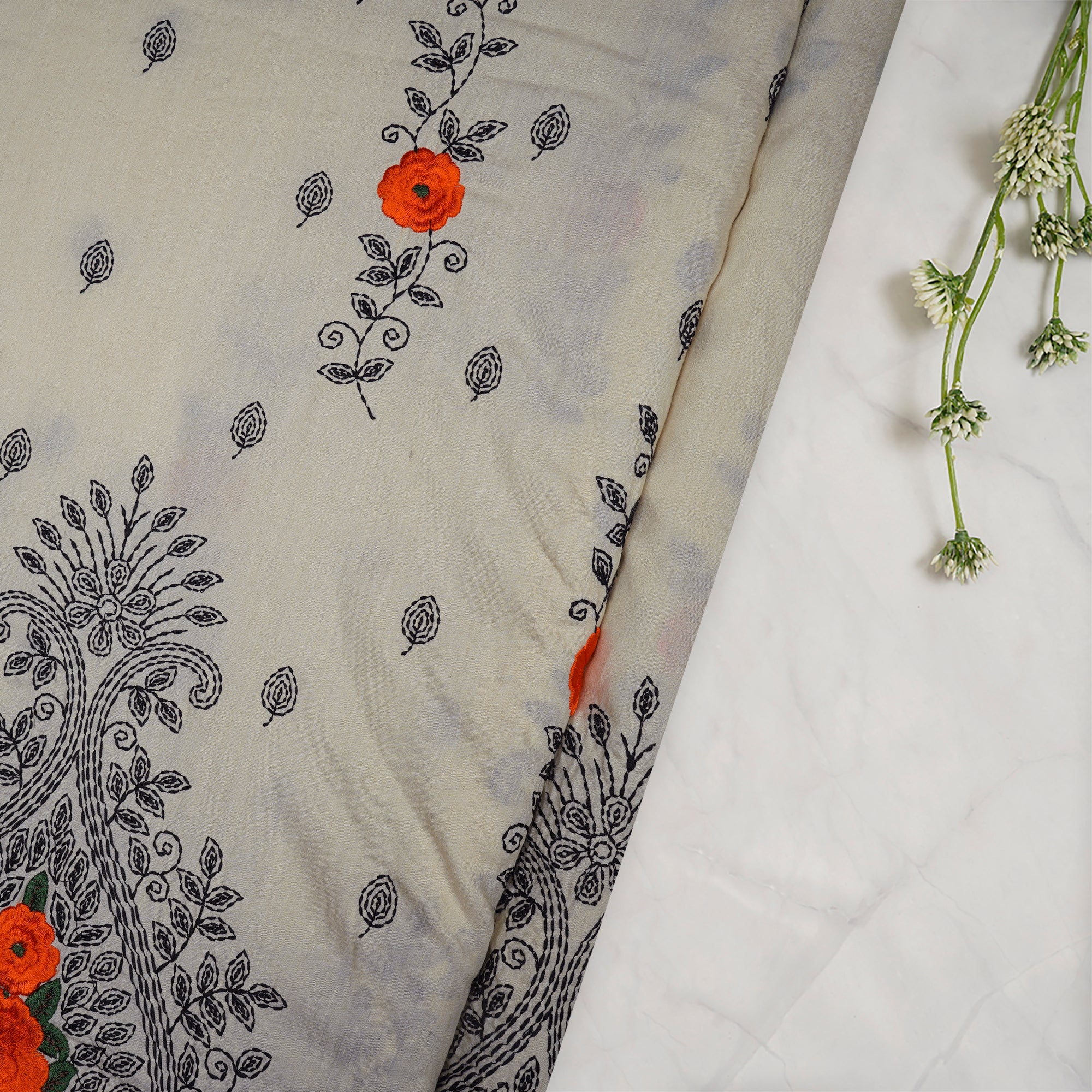 (Pre-Cut 3.50 Mtr)Off-White Color Embroidered Fine Chanderi Fabric