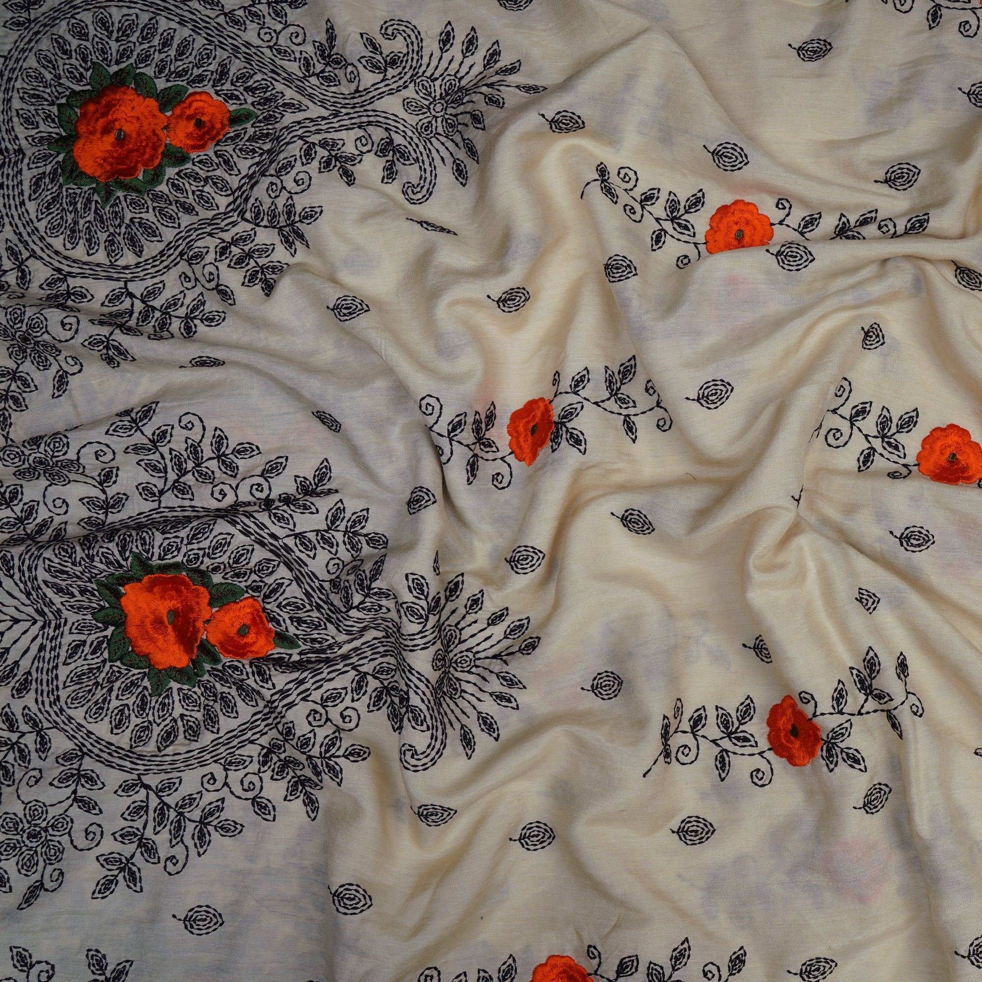 (Pre-Cut 3.50 Mtr)Off-White Color Embroidered Fine Chanderi Fabric