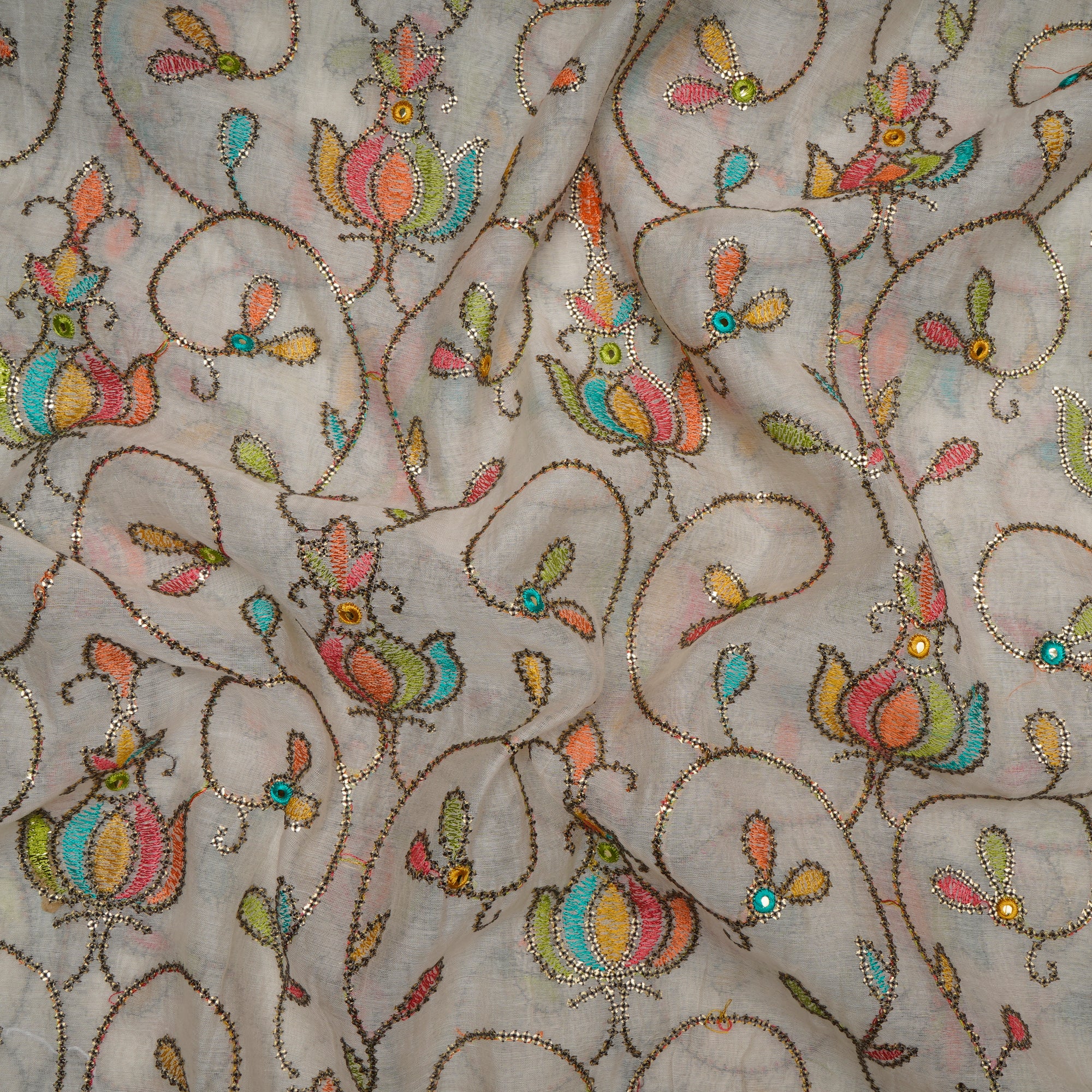 (Pre-Cut 2.80 Mtr)Off White with Multi Color All Over Pattern Embroidered Chanderi Fabric