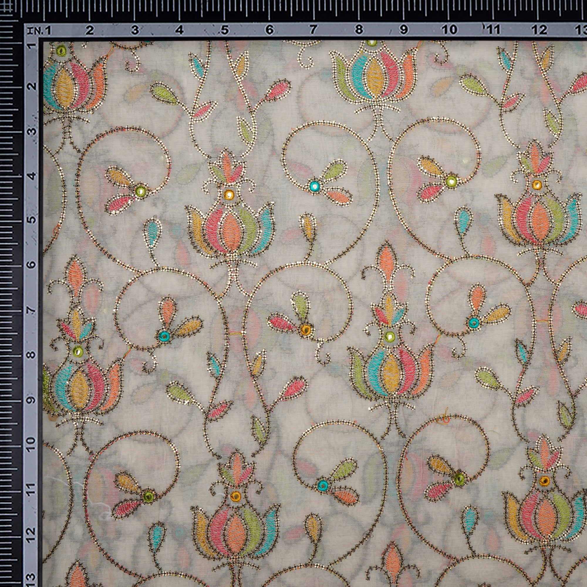 (Pre-Cut 2.80 Mtr)Off White with Multi Color All Over Pattern Embroidered Chanderi Fabric