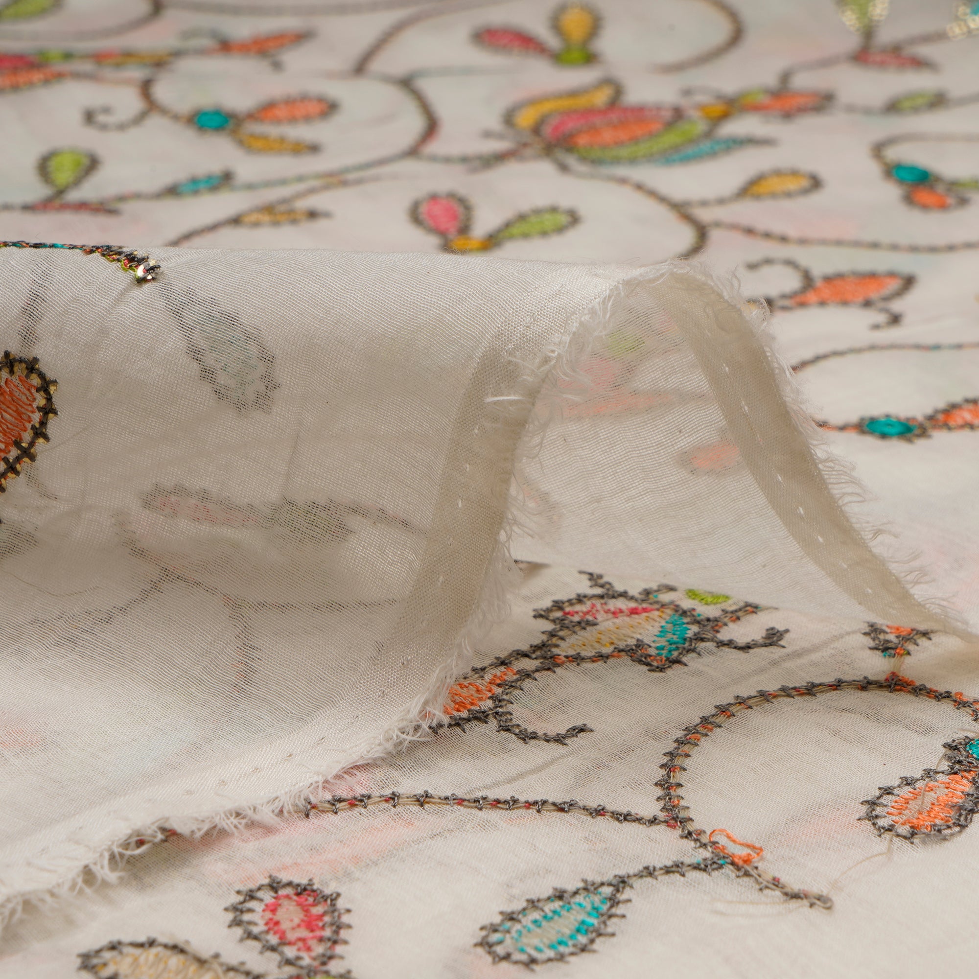 (Pre-Cut 2.80 Mtr)Off White with Multi Color All Over Pattern Embroidered Chanderi Fabric